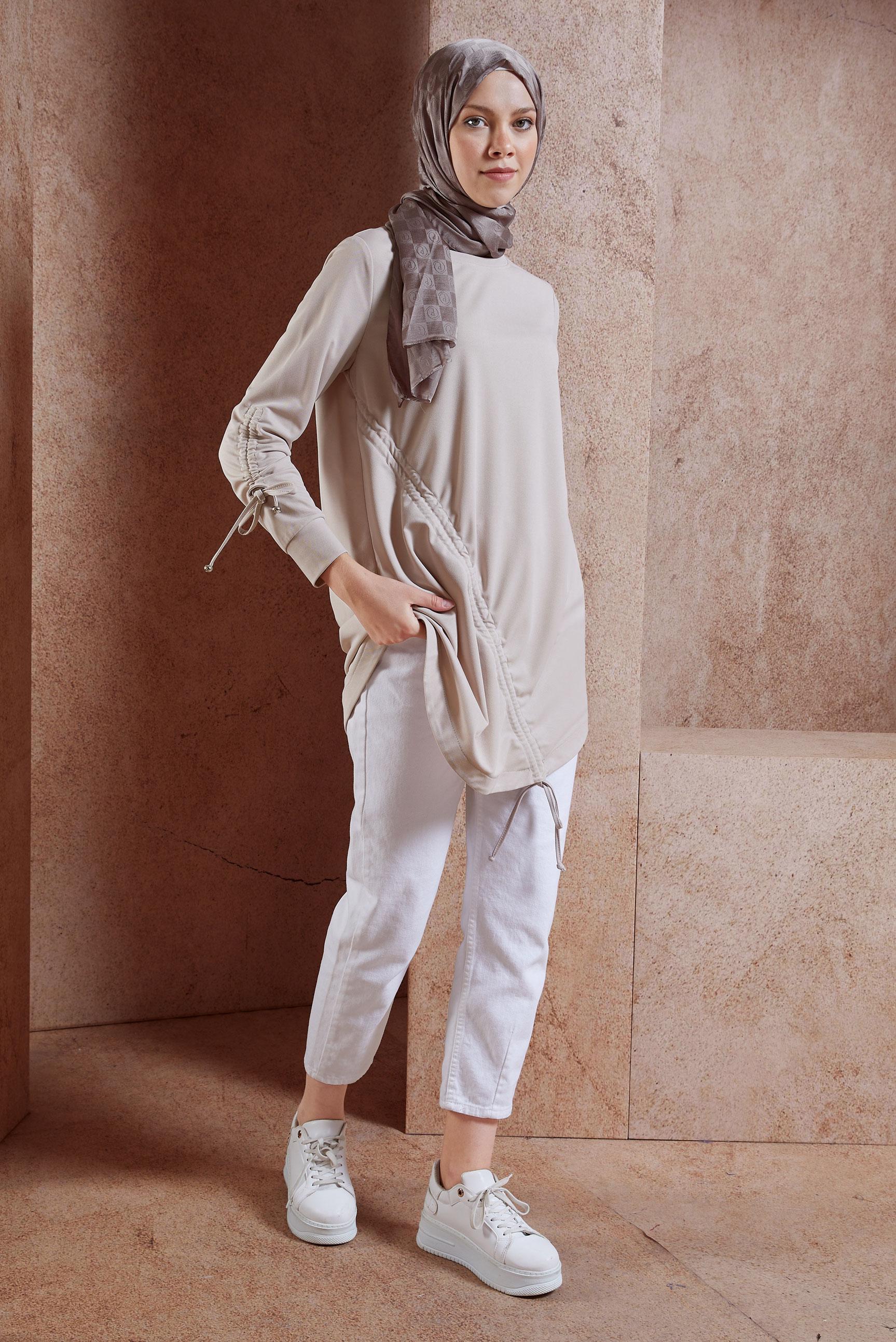 Tesettür giyim BEJ BÜZGÜ DETAYLI EŞOFMAN TUNİK 44766