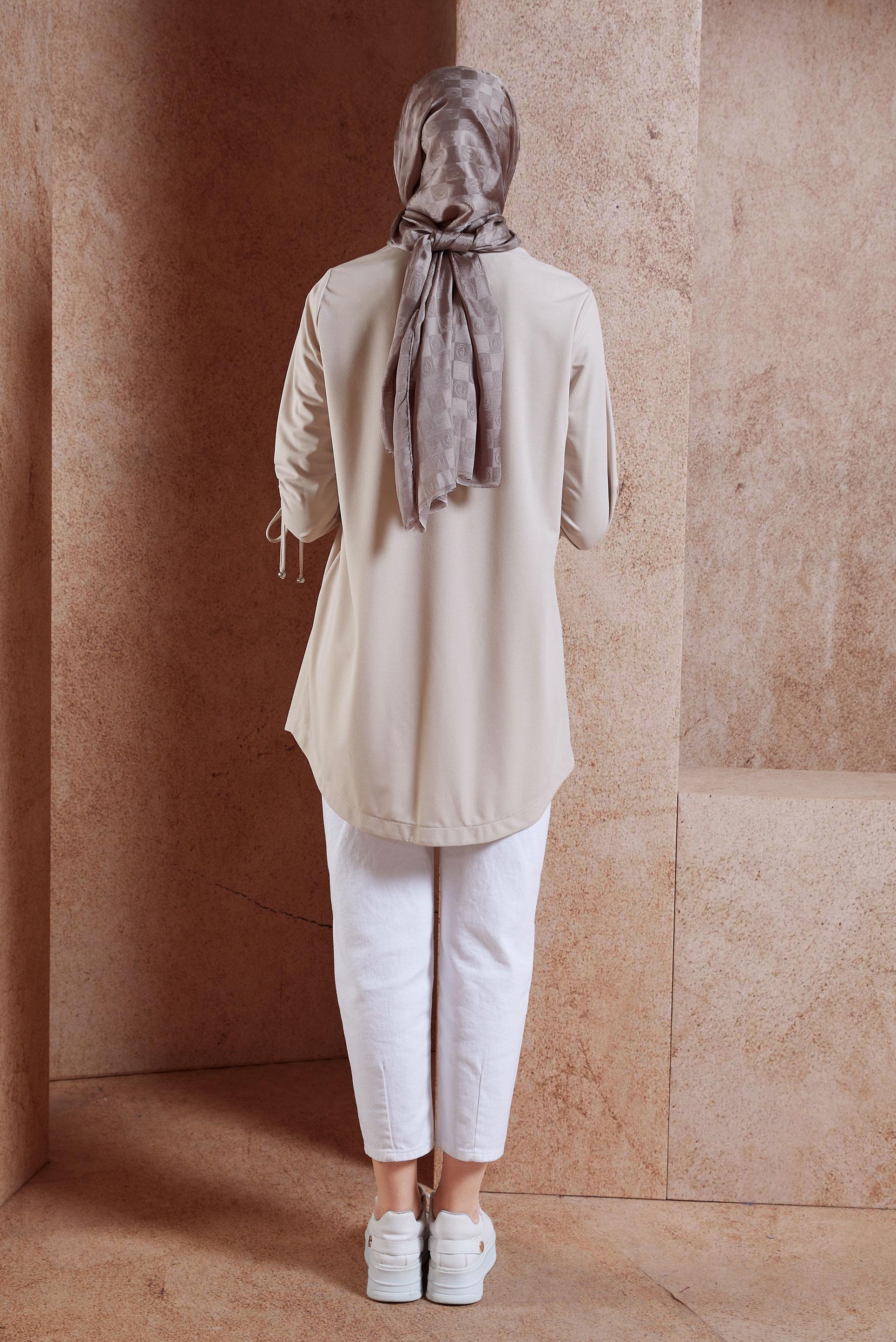 Tesettür giyim BEJ BÜZGÜ DETAYLI EŞOFMAN TUNİK 44766