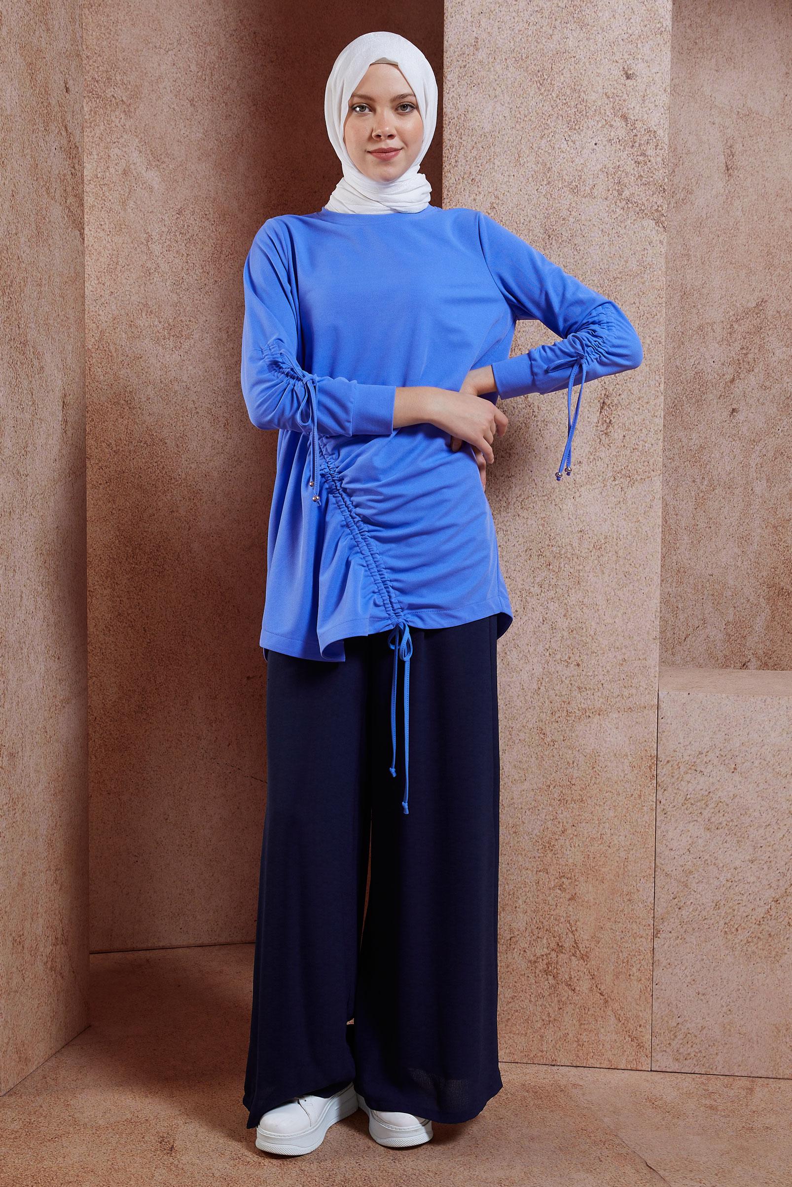 Tesettür giyim MAVİ BÜZGÜ DETAYLI EŞOFMAN TUNİK 44766