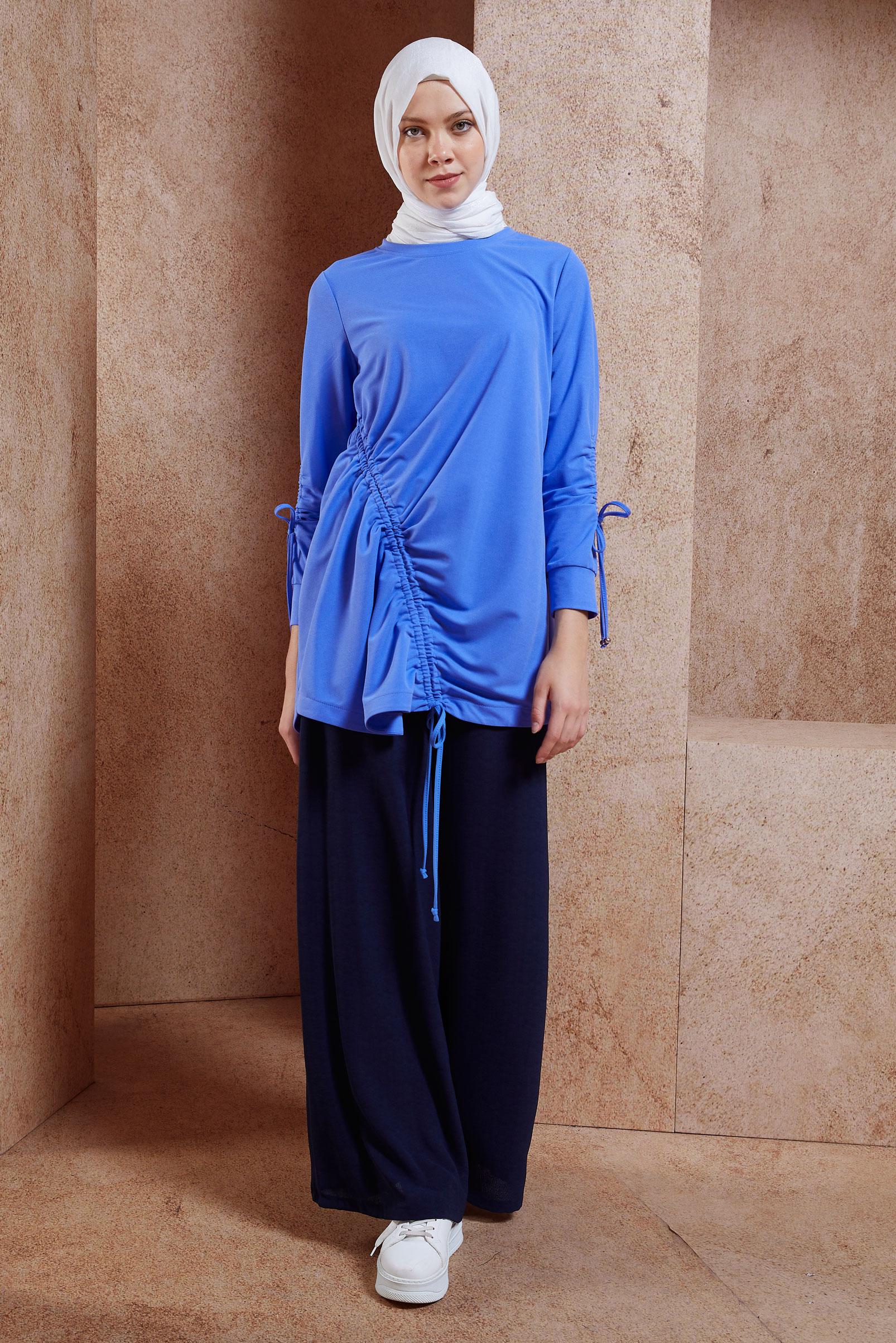 Tesettür giyim MAVİ BÜZGÜ DETAYLI EŞOFMAN TUNİK 44766