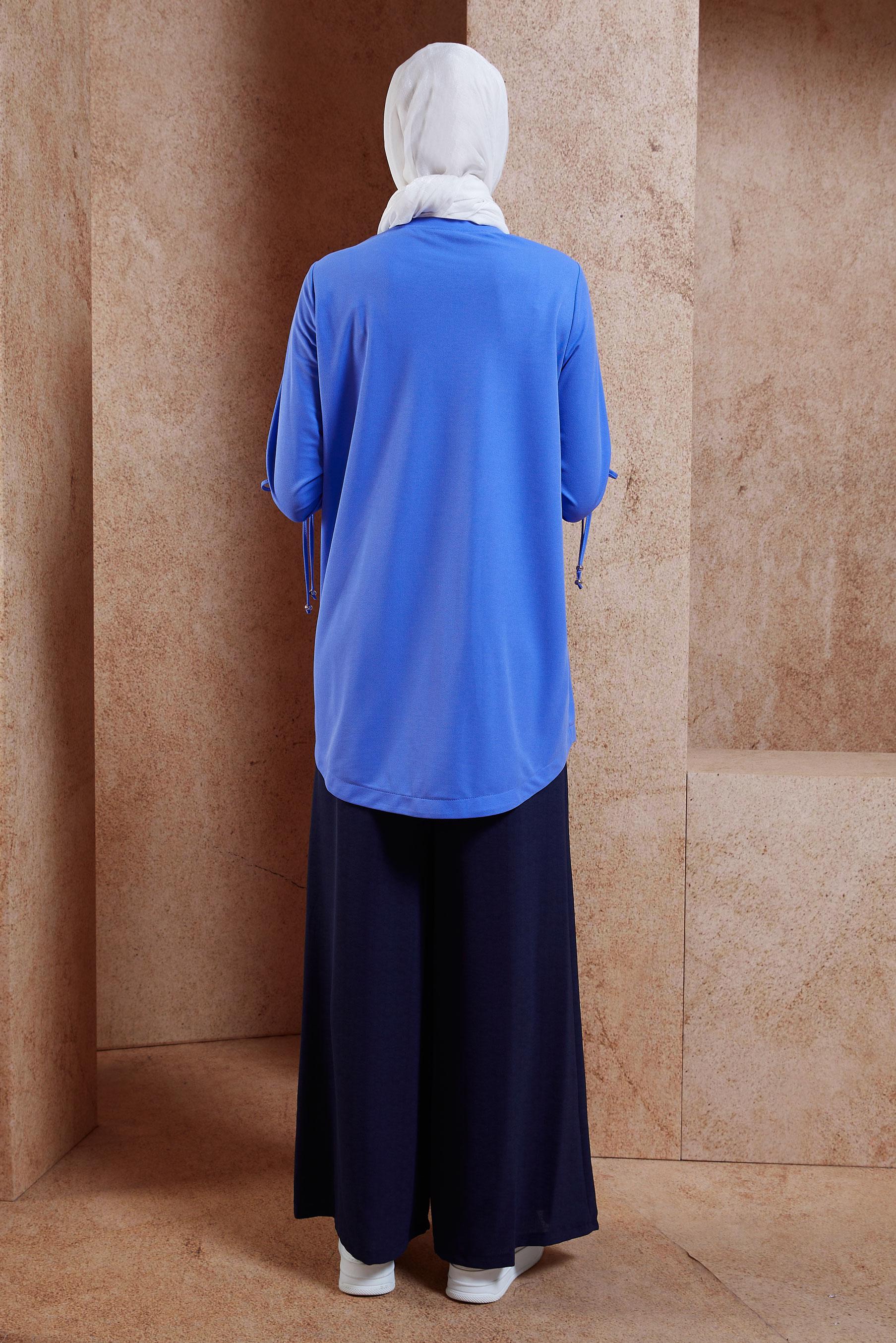 Tesettür giyim MAVİ BÜZGÜ DETAYLI EŞOFMAN TUNİK 44766