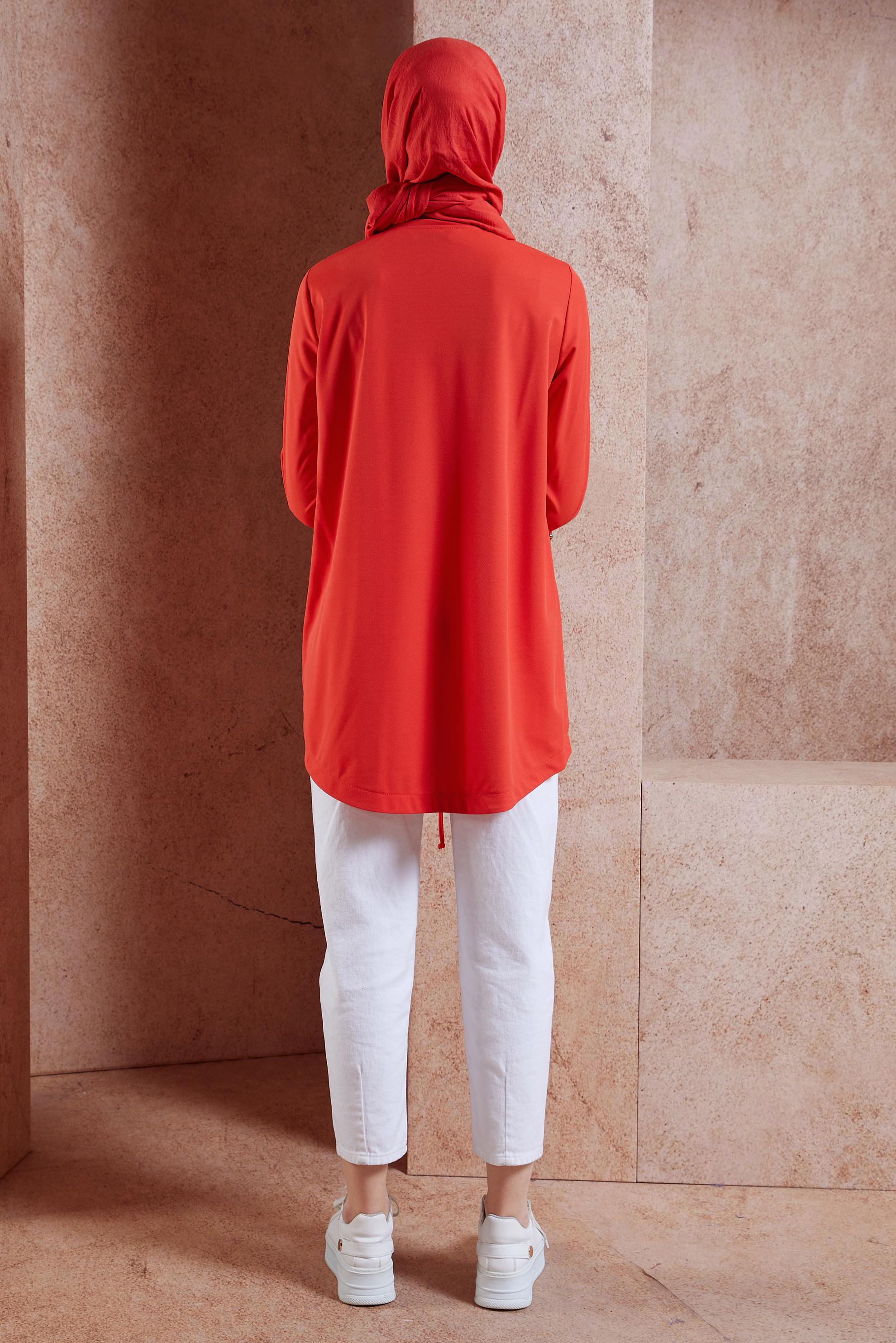 Tesettür giyim KIRMIZI BÜZGÜ DETAYLI EŞOFMAN TUNİK 44766