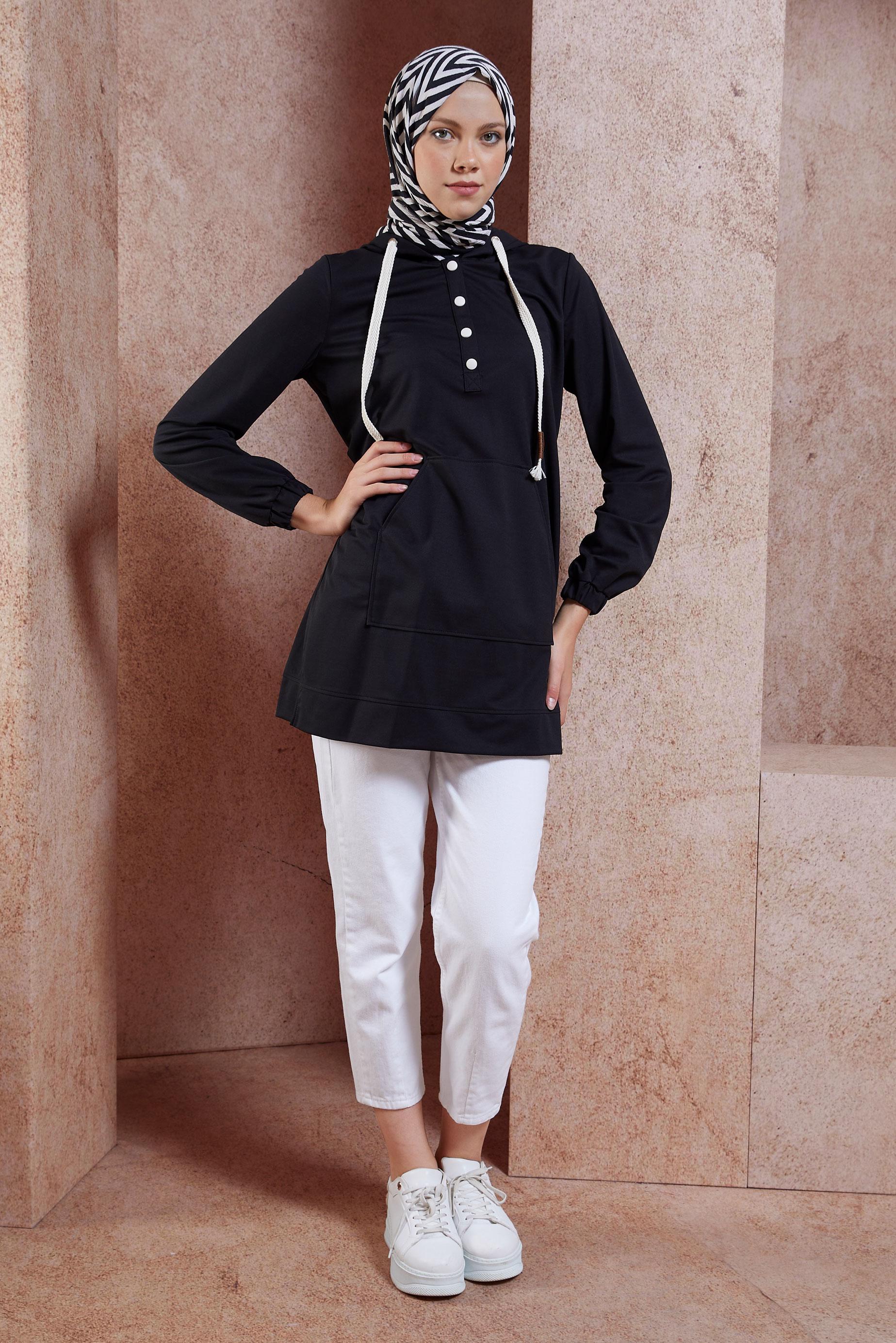 Tesettür giyim SİYAH KAPÜŞONLU EŞOFMAN TUNİK 44768