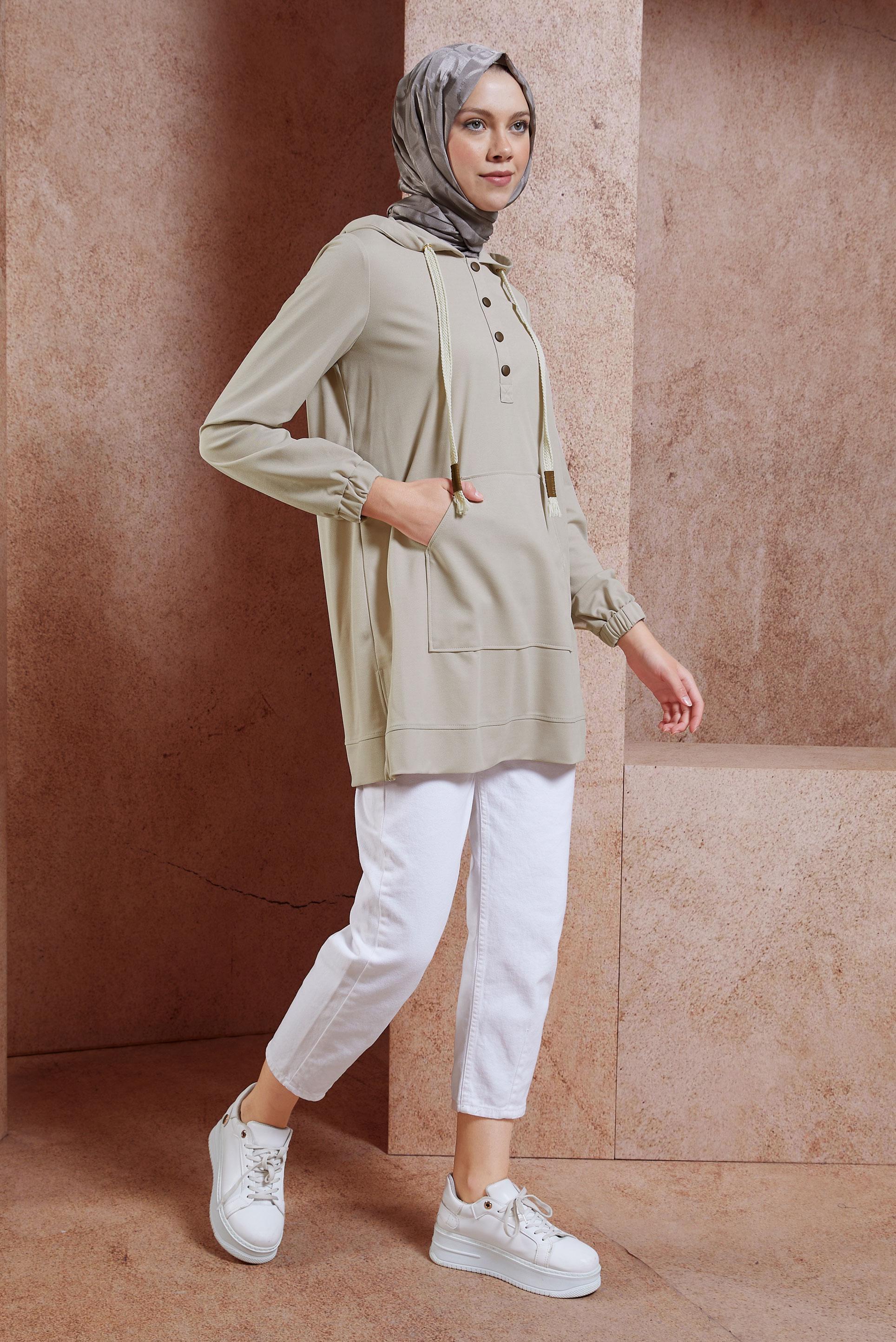 Tesettür giyim BEJ KAPÜŞONLU EŞOFMAN TUNİK 44768