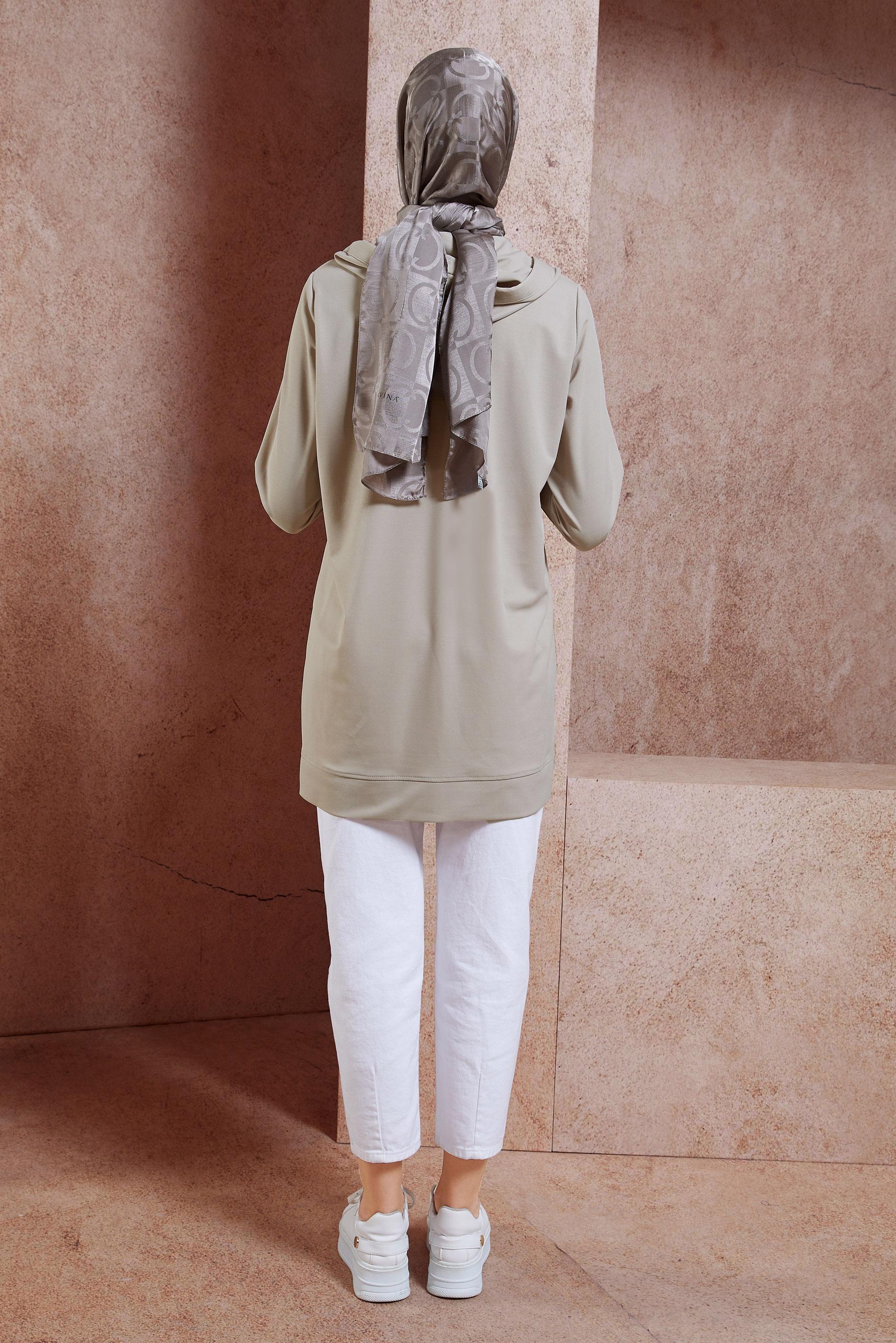 Tesettür giyim BEJ KAPÜŞONLU EŞOFMAN TUNİK 44768