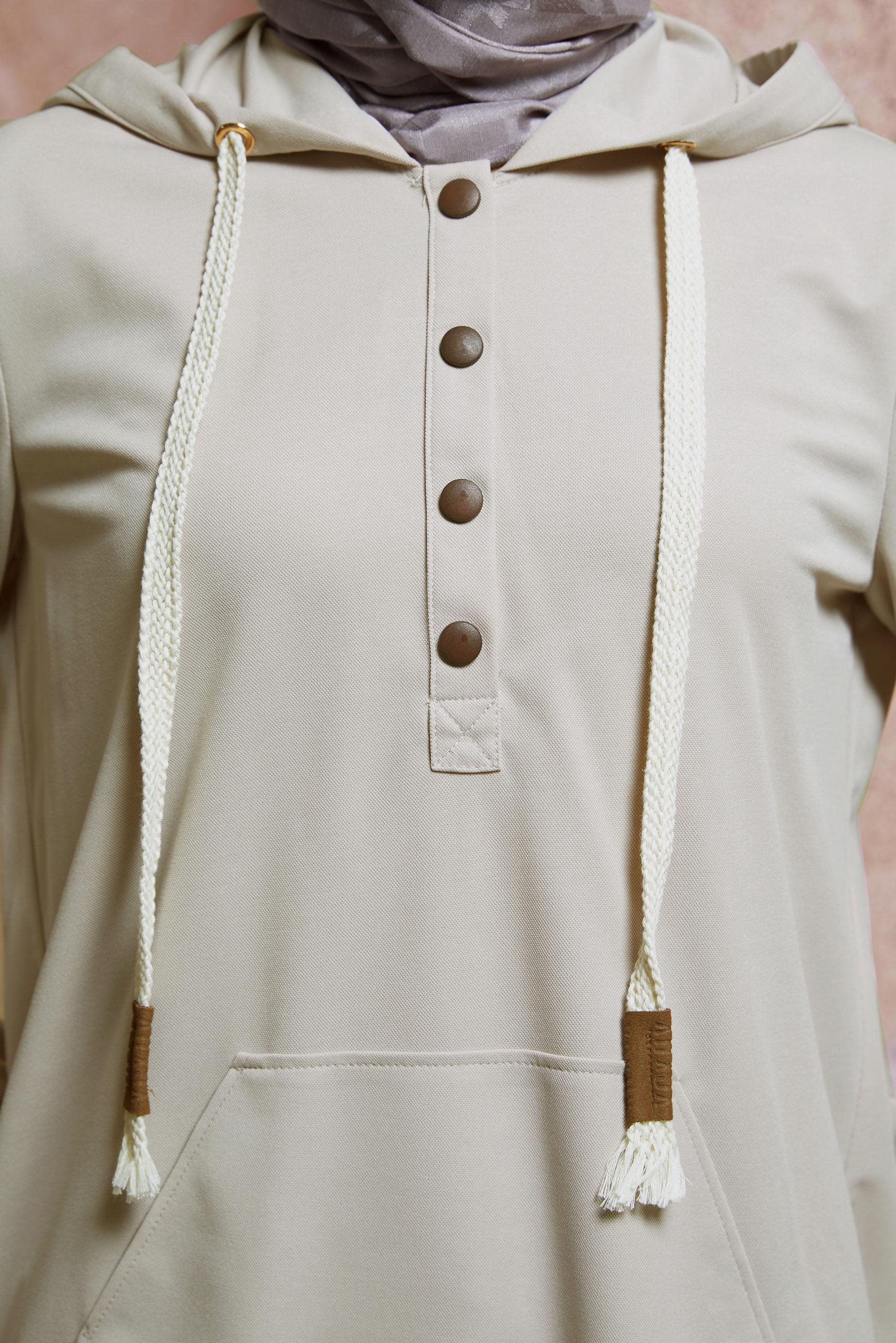 Tesettür giyim BEJ KAPÜŞONLU EŞOFMAN TUNİK 44768