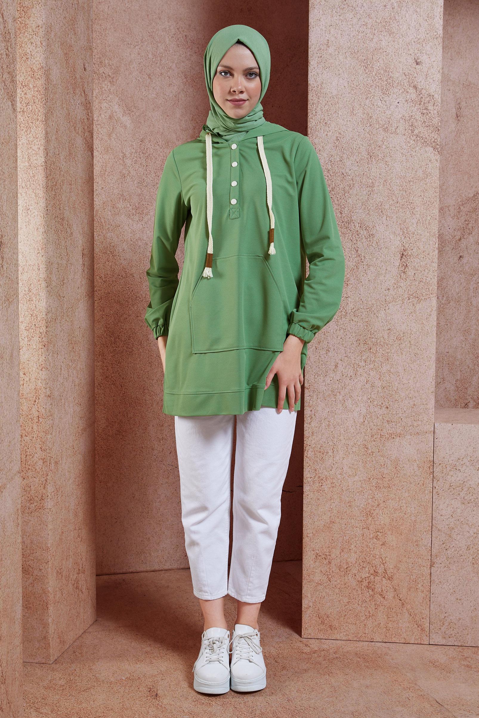 Tesettür giyim YEŞİL KAPÜŞONLU EŞOFMAN TUNİK 44768