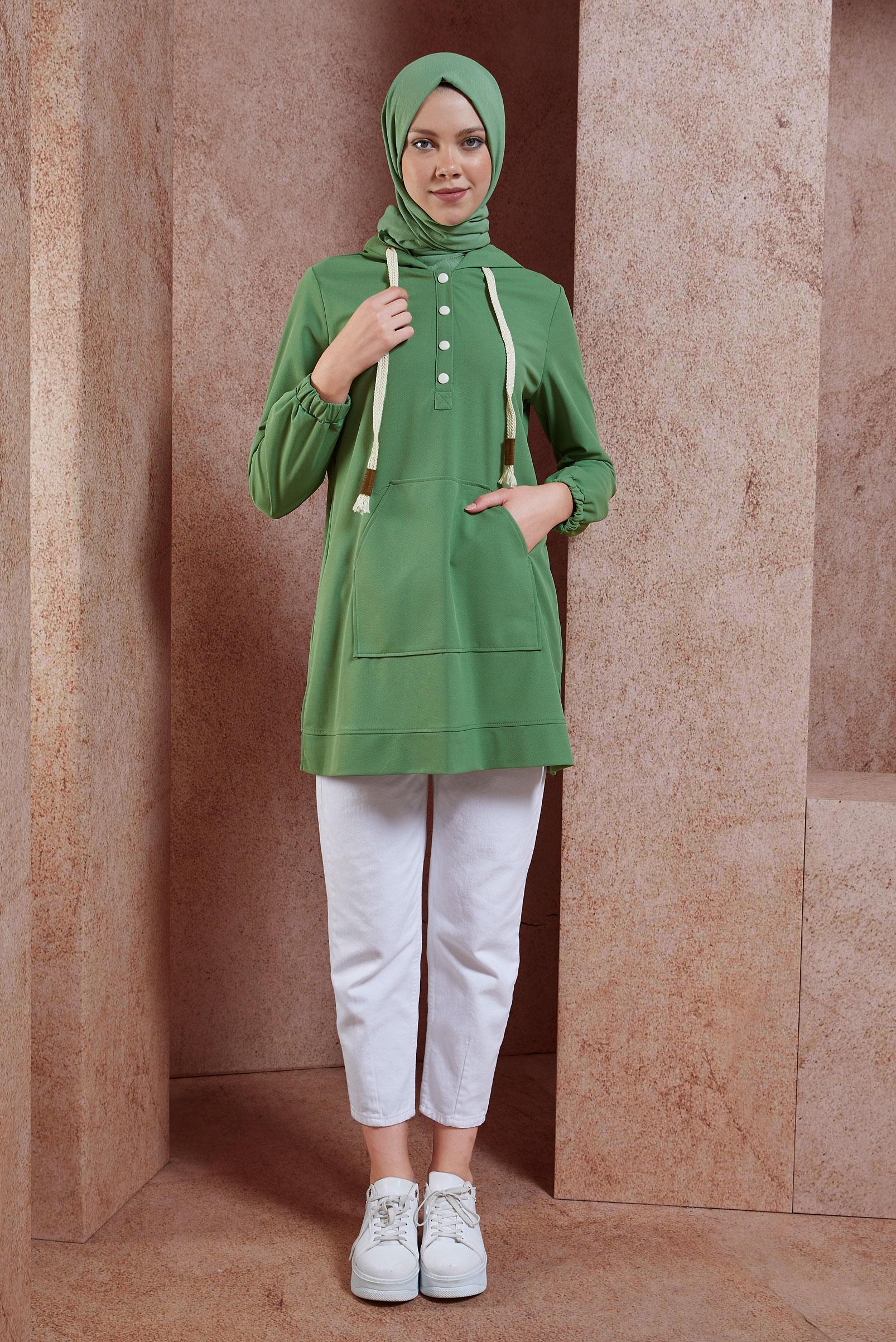 Tesettür giyim YEŞİL KAPÜŞONLU EŞOFMAN TUNİK 44768