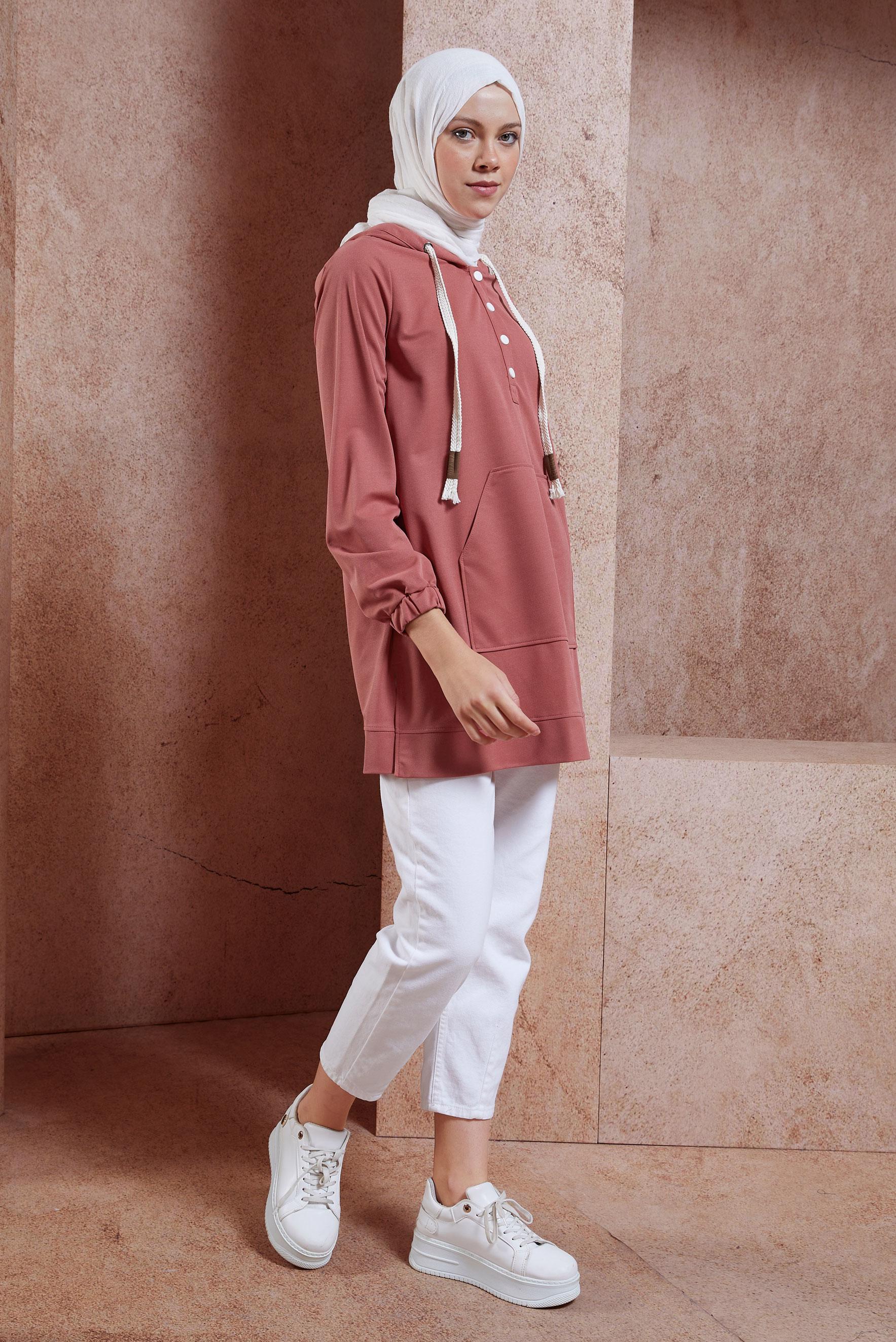 Tesettür giyim PEMBE KAPÜŞONLU EŞOFMAN TUNİK 44768