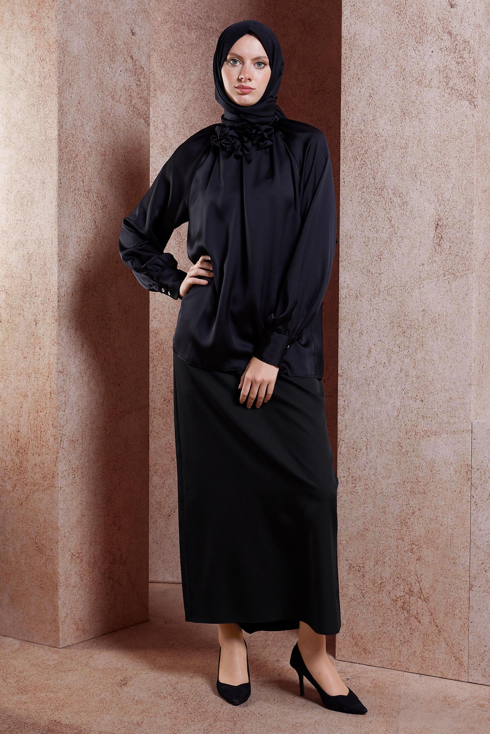 Tesettür giyim SİYAH GİZLİ YIRTMAÇLI ETEK 60550