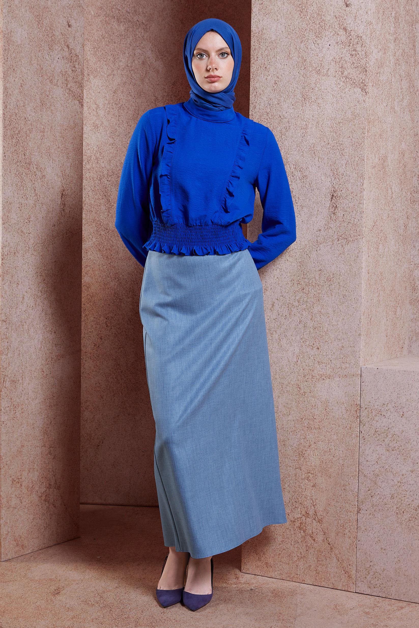 Tesettür giyim MAVİ GİZLİ YIRTMAÇLI ETEK 60550