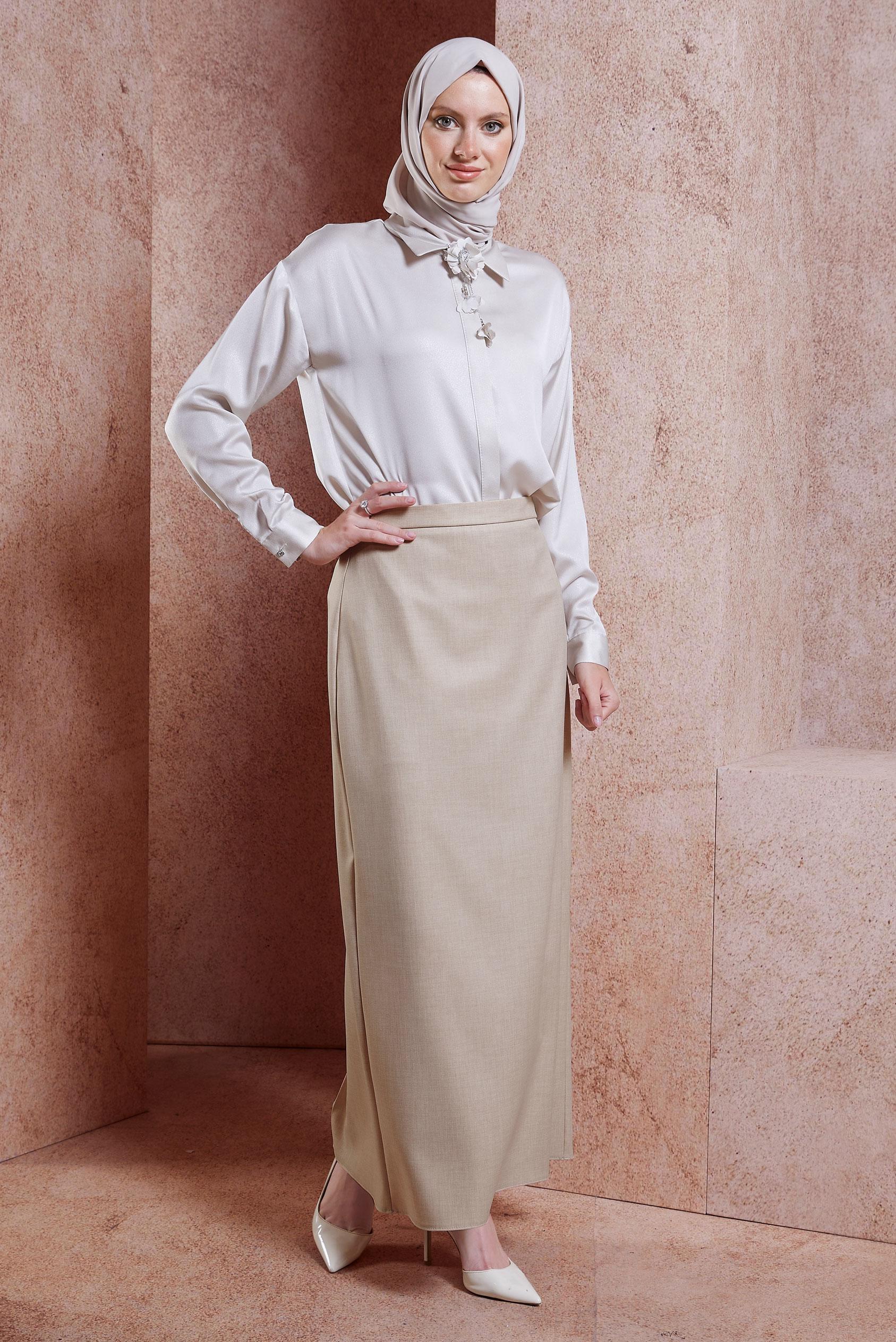 Tesettür giyim BEJ GİZLİ YIRTMAÇLI ETEK 60550