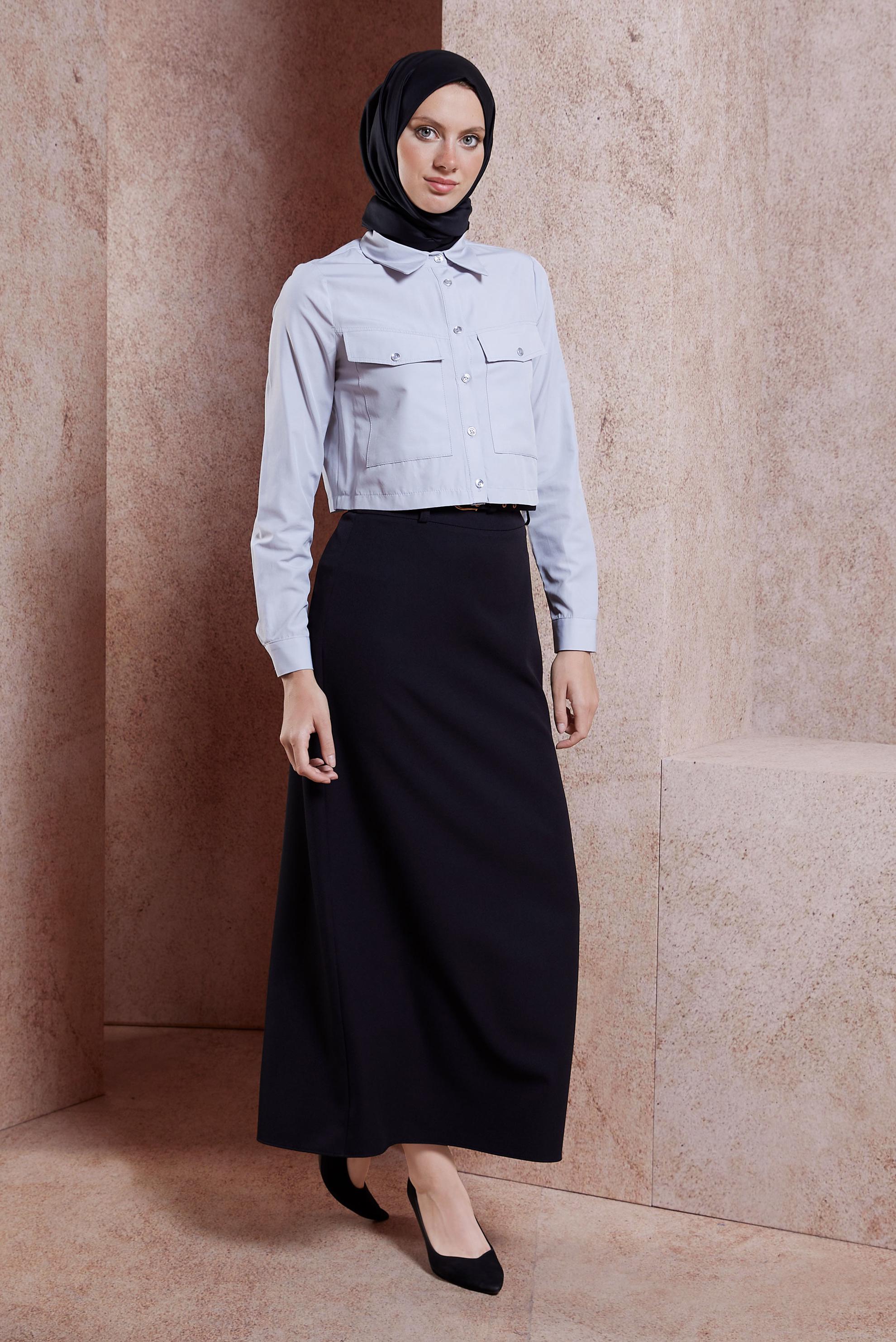 Tesettür giyim SİYAH KEMERLİ DÜZ ETEK 60551