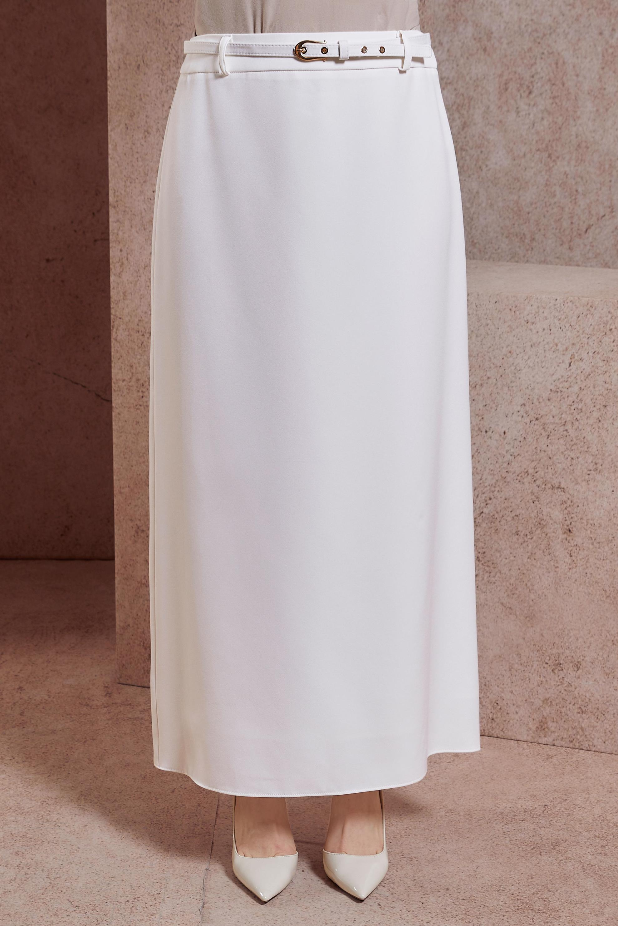 Tesettür giyim BEYAZ KEMERLİ DÜZ ETEK 60551