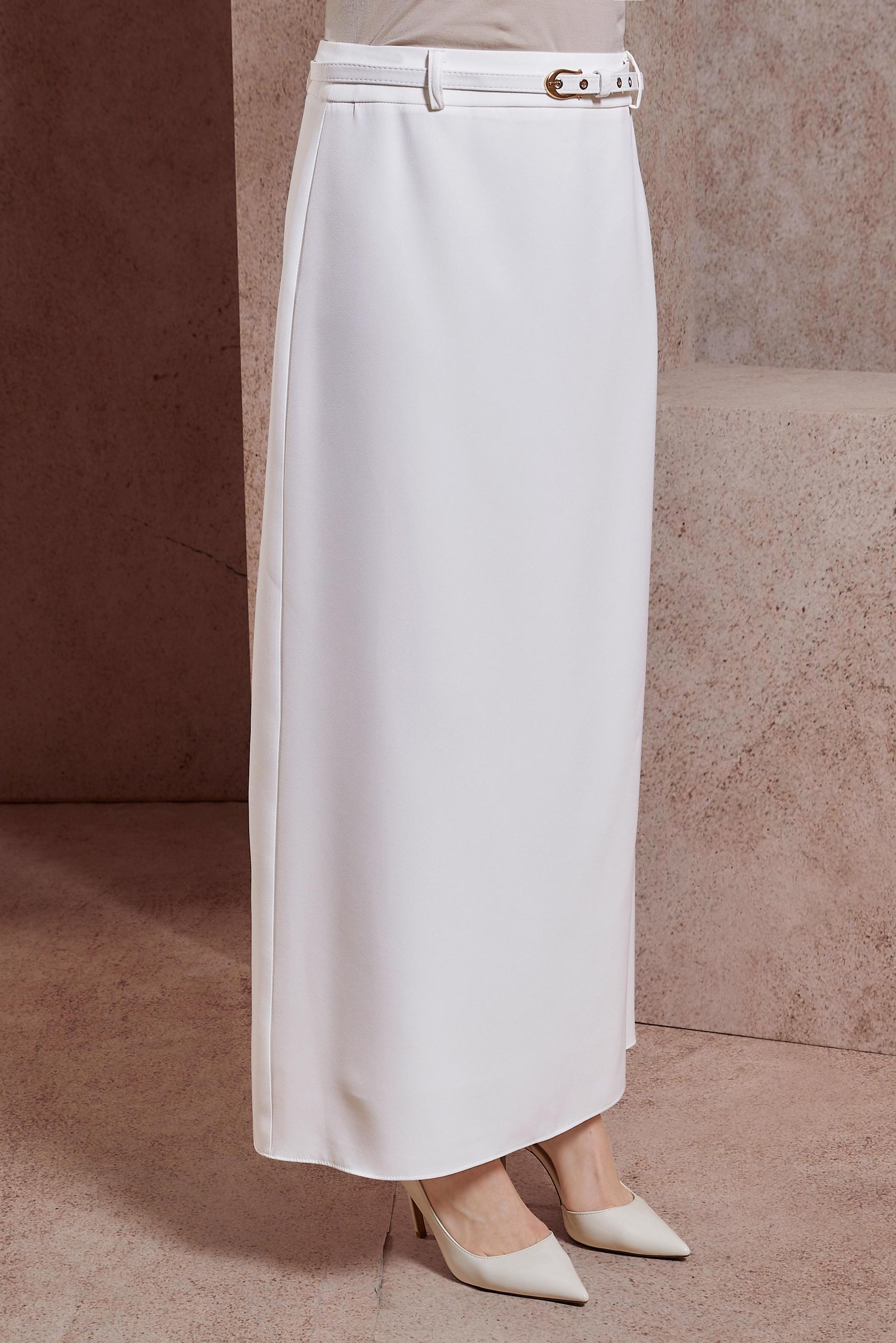 Tesettür giyim BEYAZ KEMERLİ DÜZ ETEK 60551