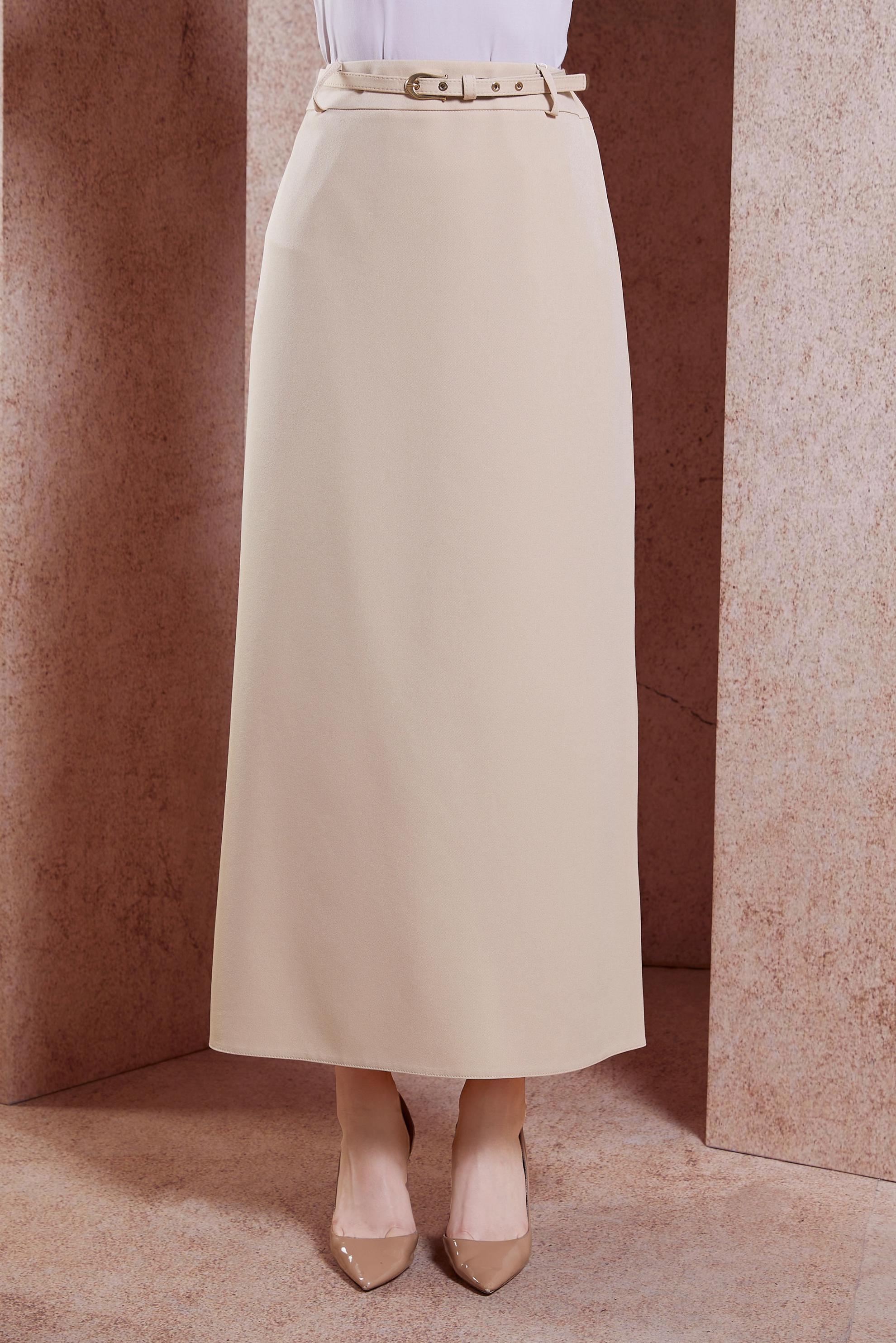 Tesettür giyim BEJ KEMERLİ DÜZ ETEK 60551