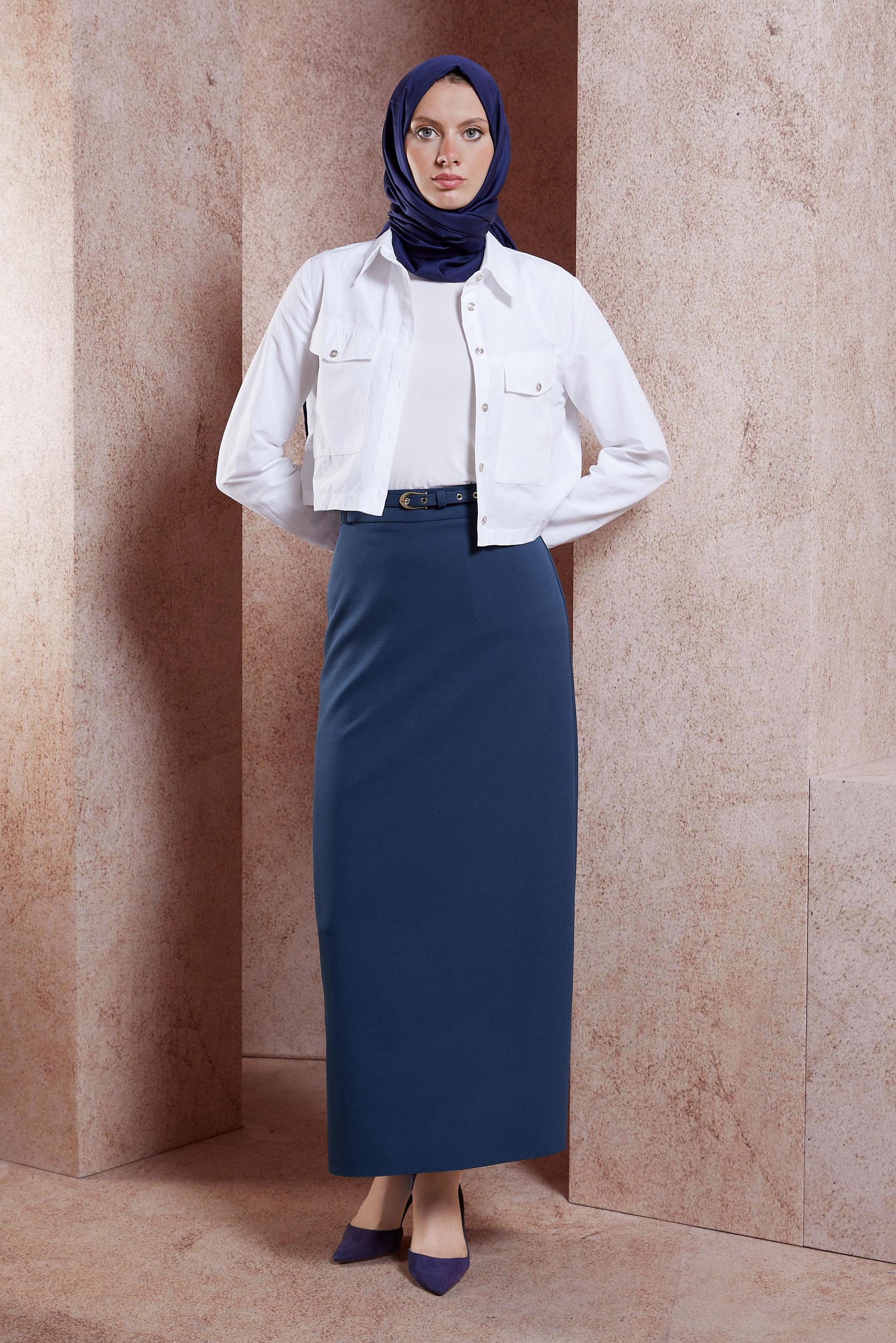 Tesettür giyim LACİVERT KEMERLİ DÜZ ETEK 60551