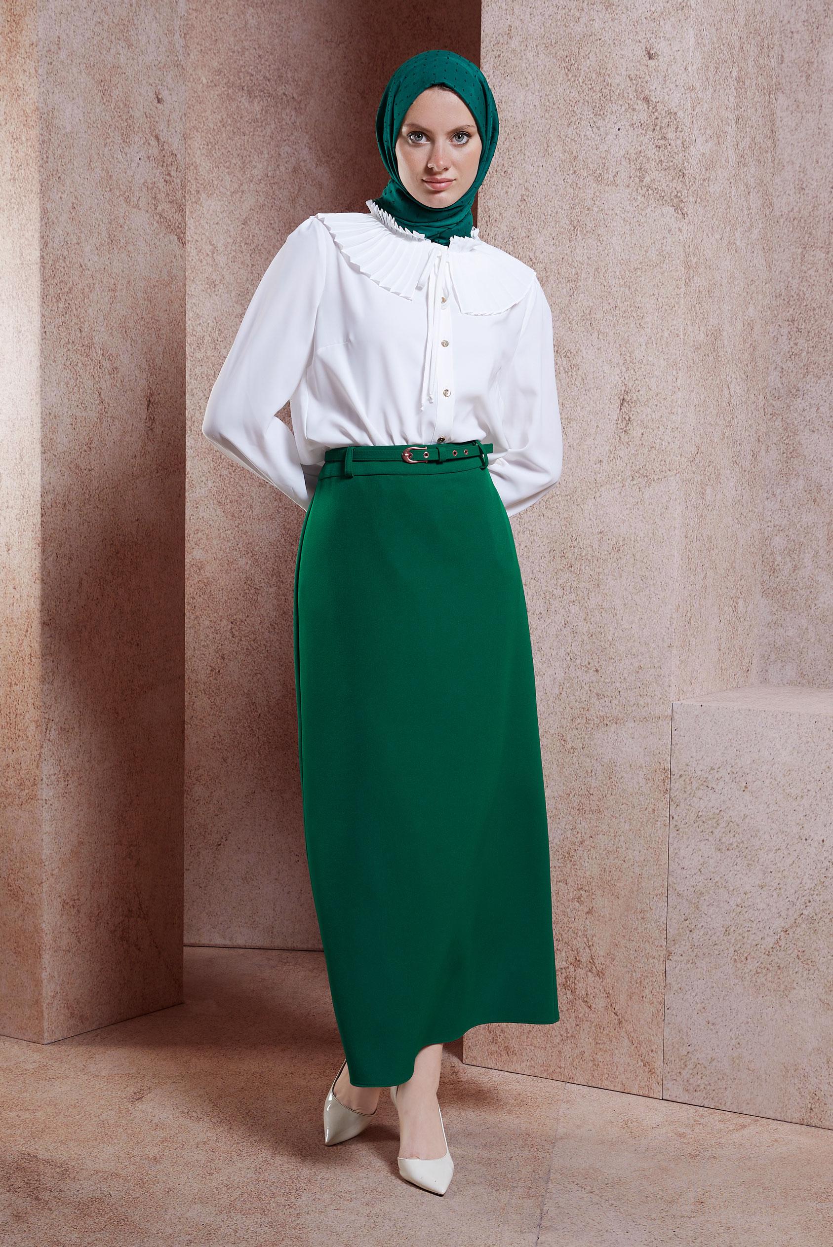 Tesettür giyim YEŞİL KEMERLİ DÜZ ETEK 60551