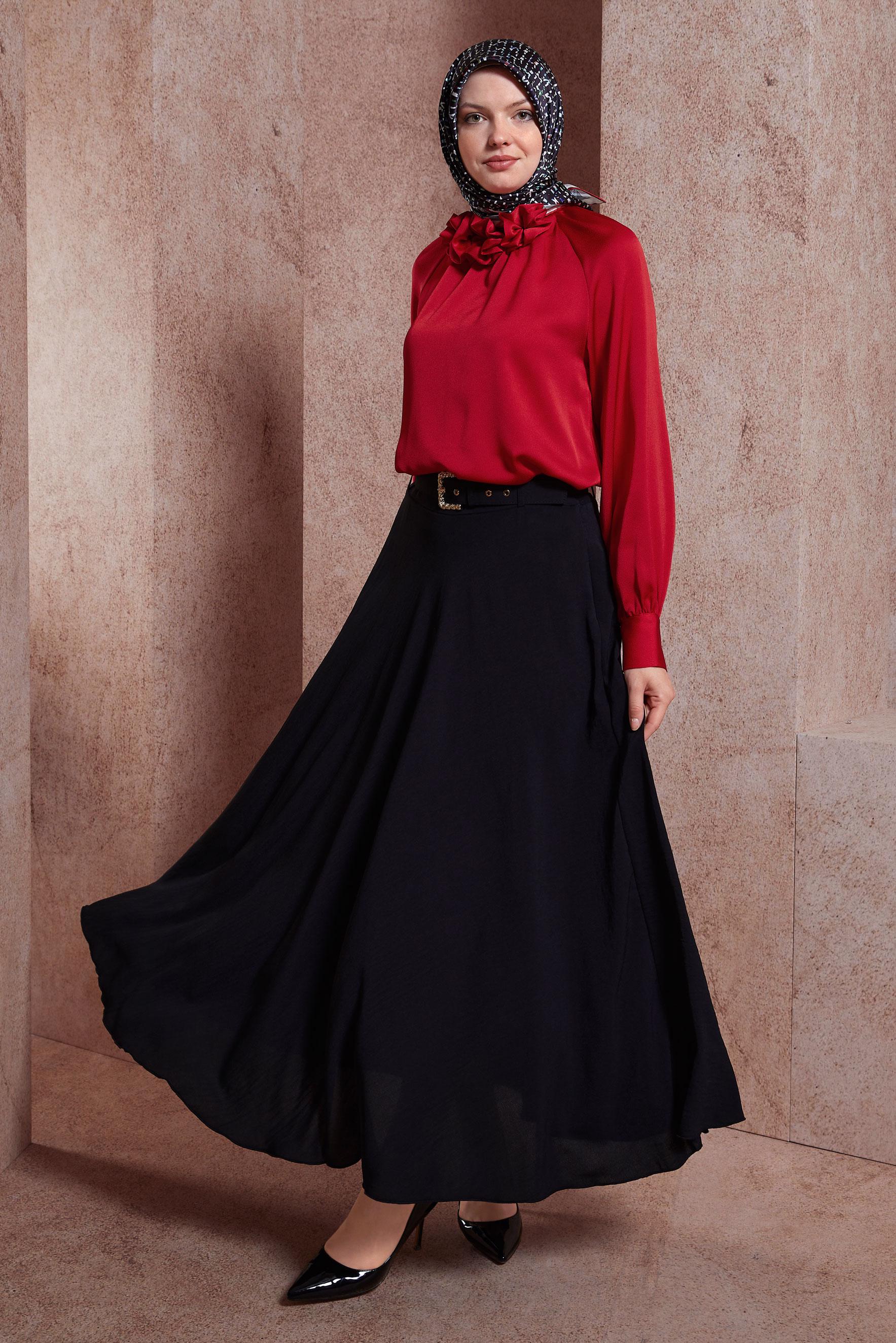 Tesettür giyim SİYAH KEMERLİ ETEK 60552