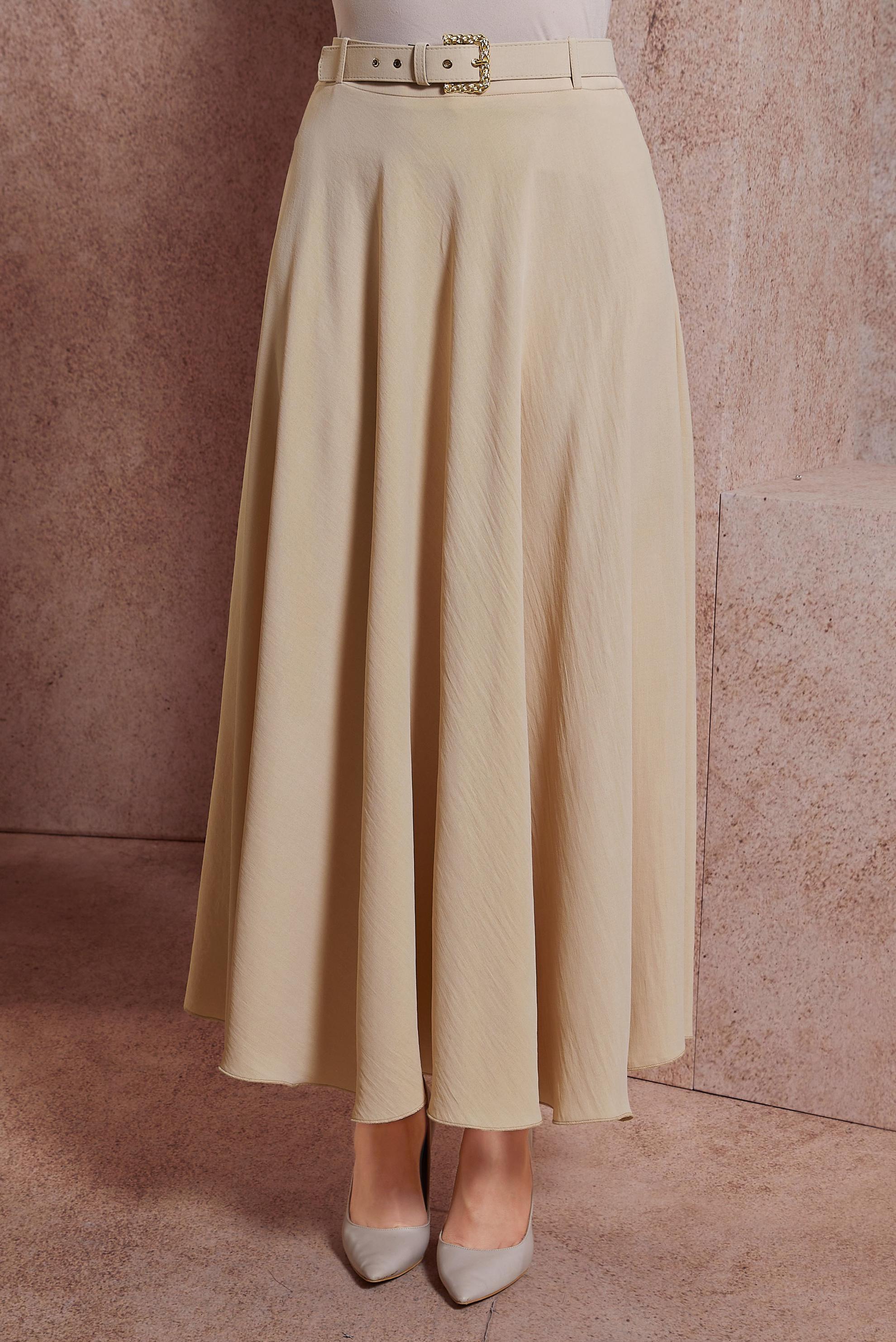 Tesettür giyim BEJ KEMERLİ ETEK 60552