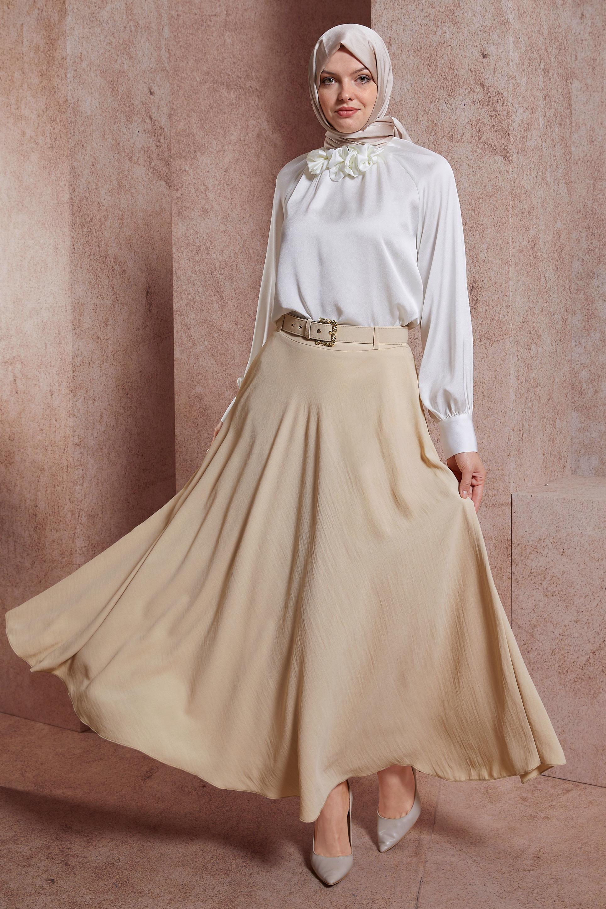 Tesettür giyim BEJ KEMERLİ ETEK 60552
