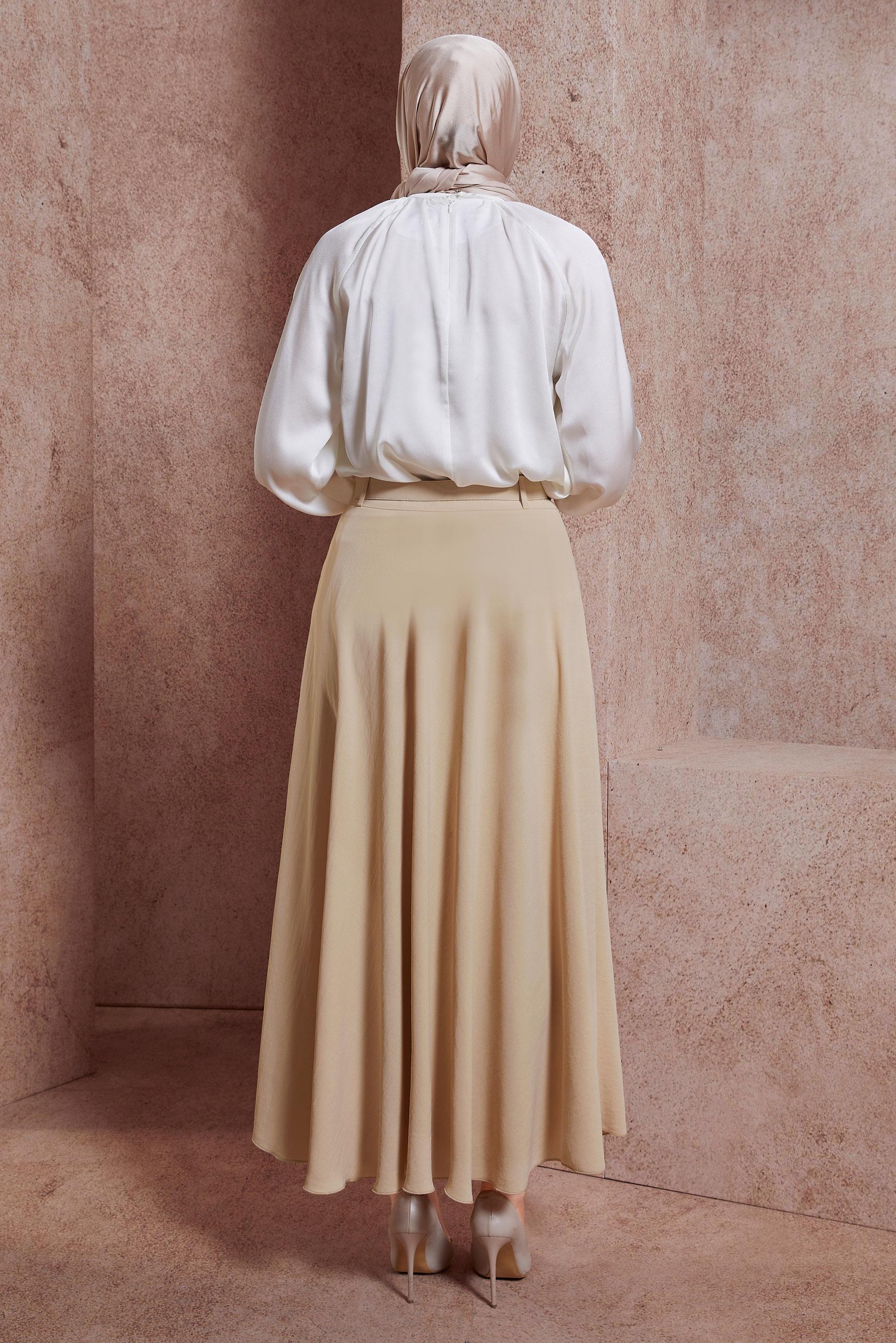 Tesettür giyim BEJ KEMERLİ ETEK 60552