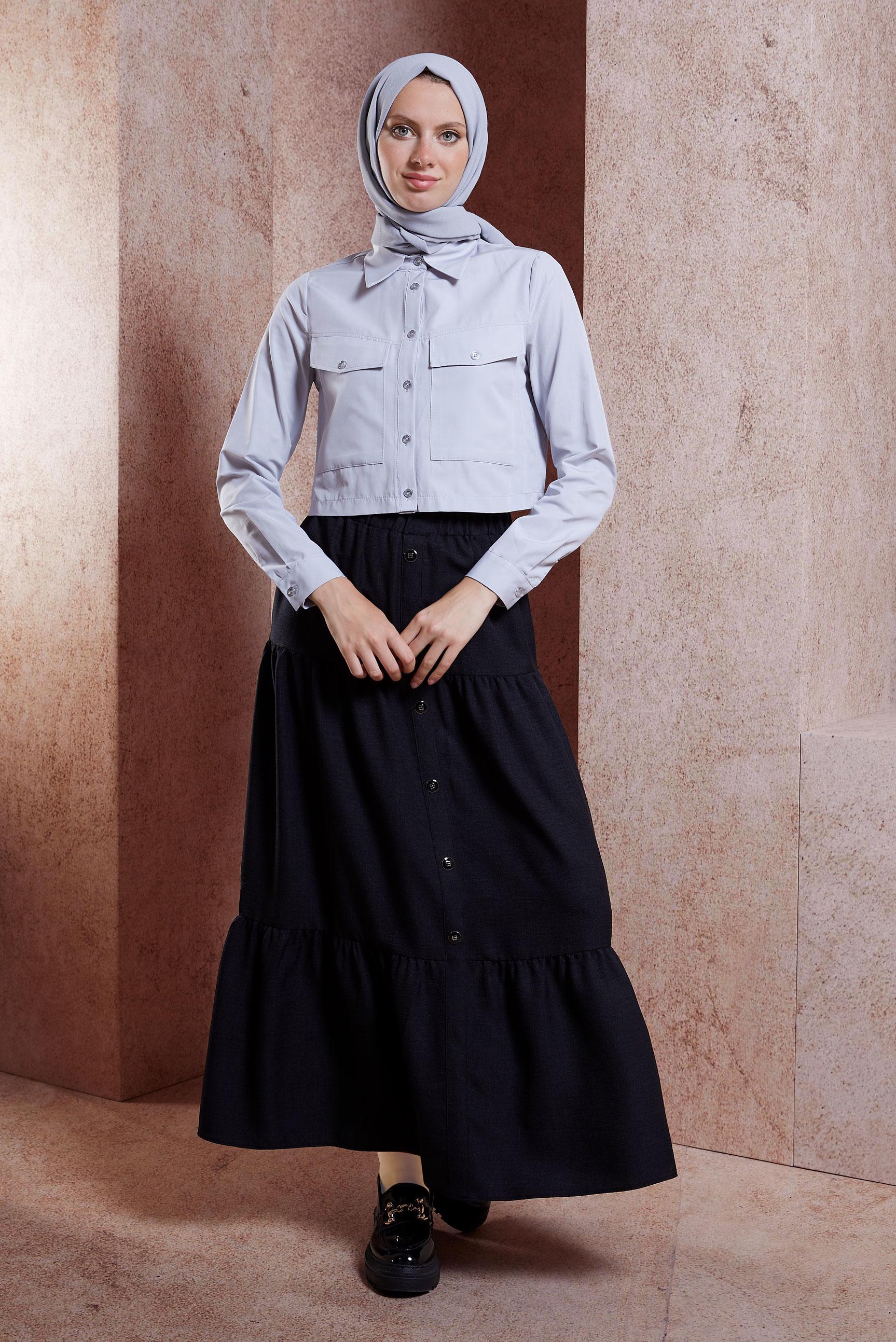 Tesettür giyim SİYAH KETEN DOKULU ETEK 60553