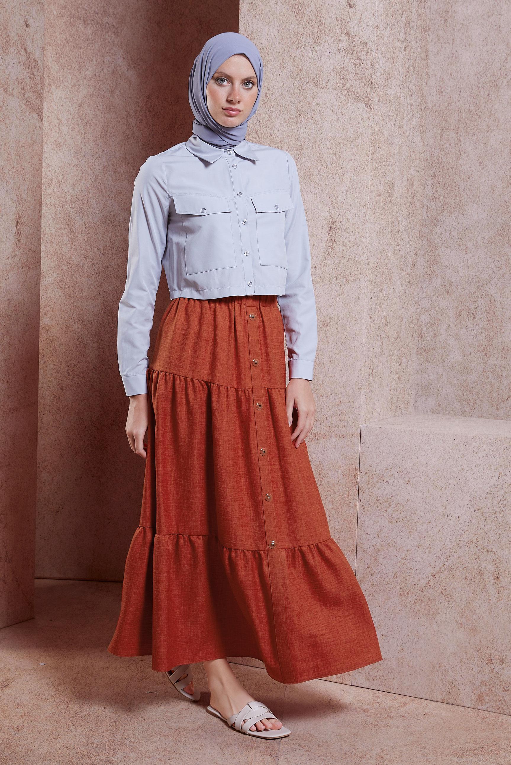 Tesettür giyim TURUNCU KETEN DOKULU ETEK 60553