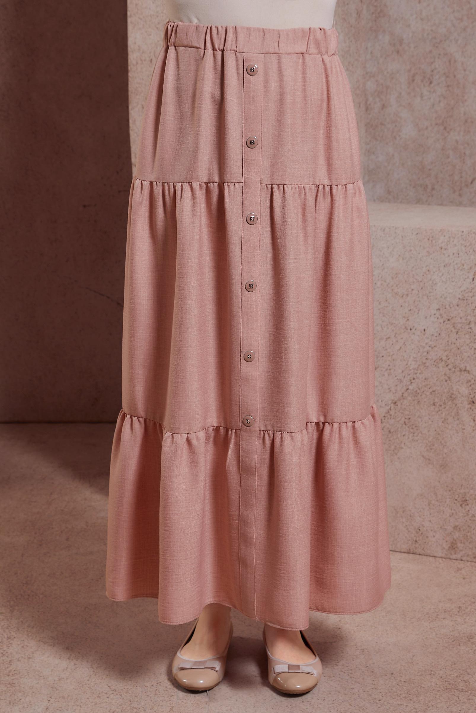 Tesettür giyim PUDRA KETEN DOKULU ETEK 60553