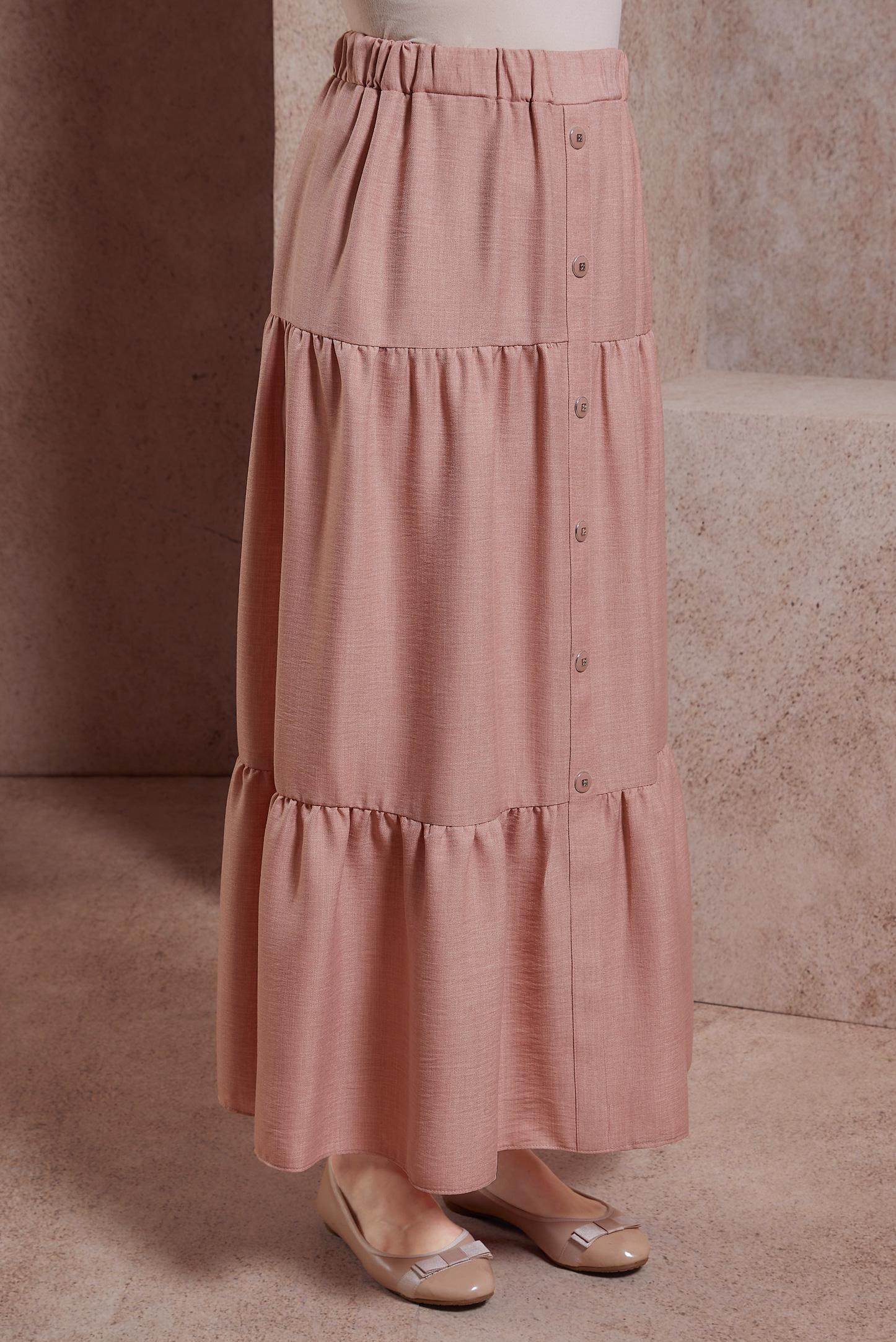 Tesettür giyim PUDRA KETEN DOKULU ETEK 60553