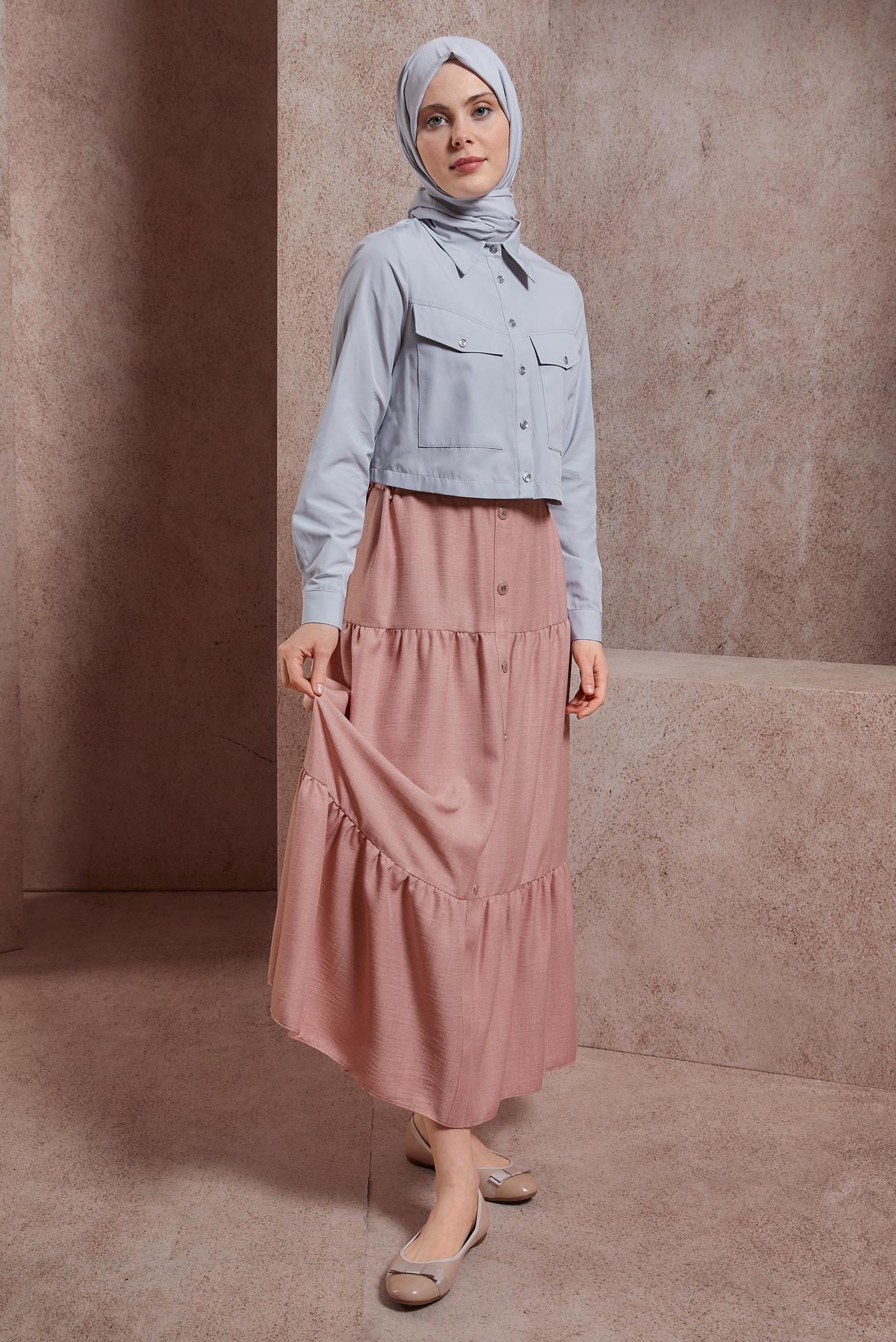 Tesettür giyim PUDRA KETEN DOKULU ETEK 60553