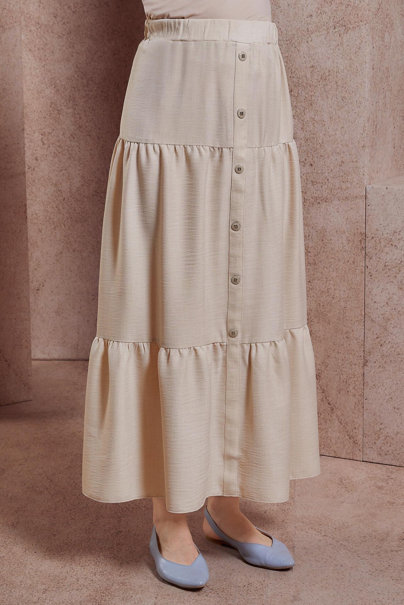 Tesettür giyim BEJ KETEN DOKULU ETEK 60553