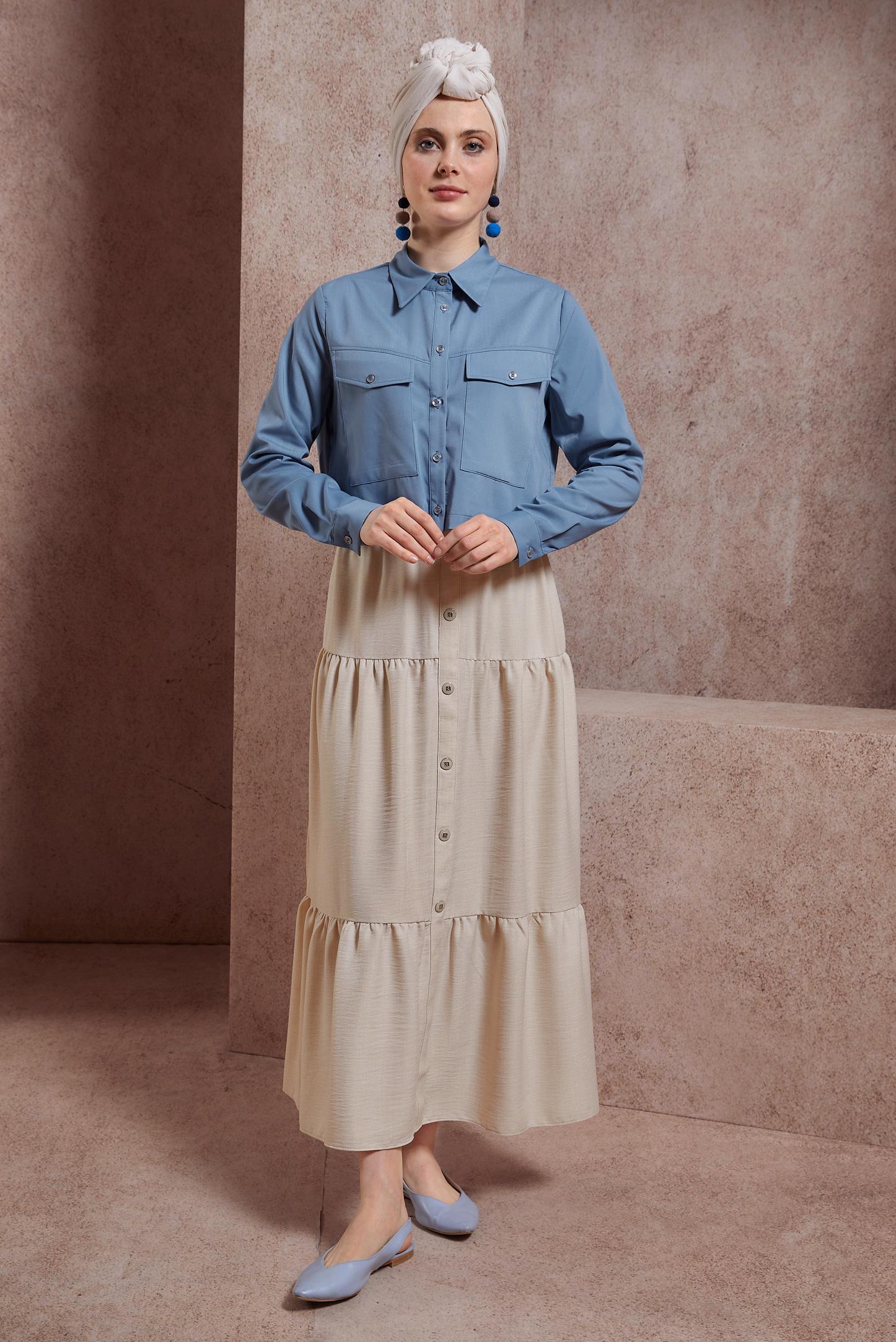 Tesettür giyim BEJ KETEN DOKULU ETEK 60553