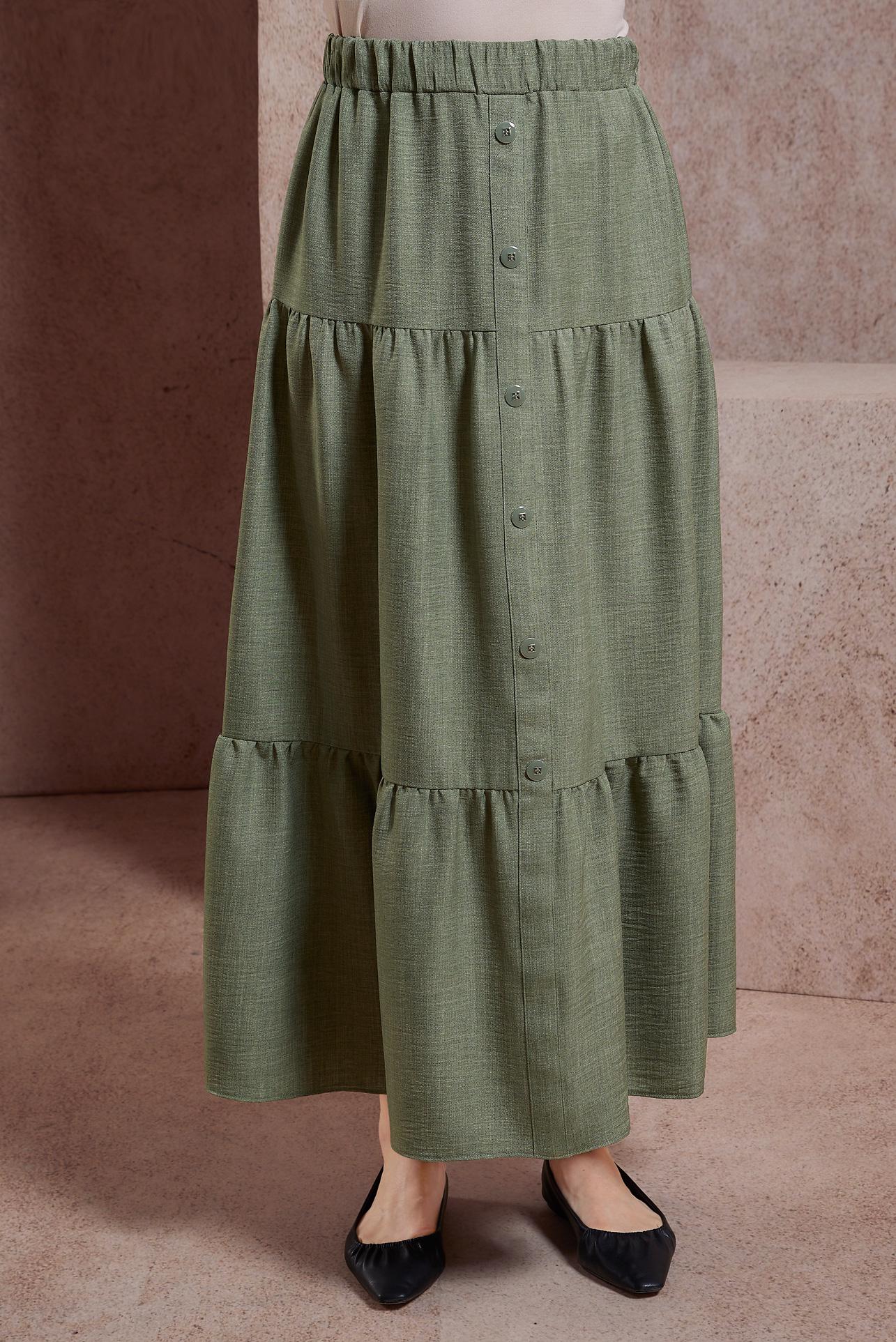 Tesettür giyim YEŞİL KETEN DOKULU ETEK 60553