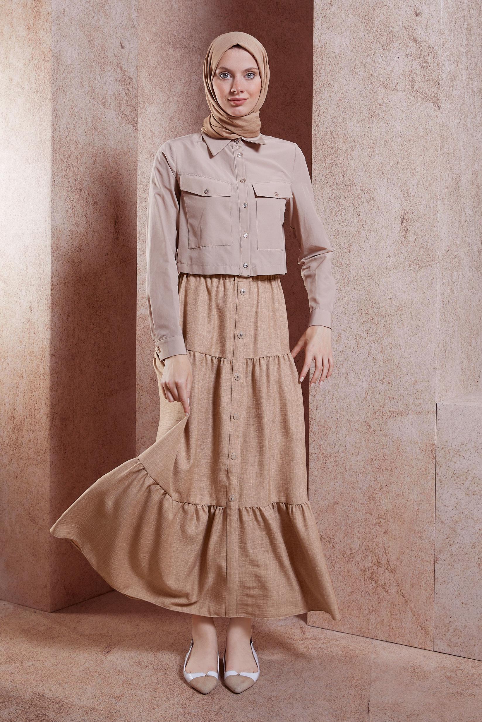 Tesettür giyim KAHVE KETEN DOKULU ETEK 60553