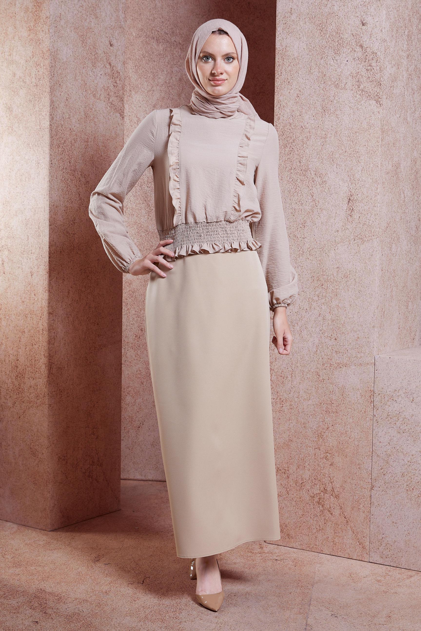 Tesettür giyim BEJ DÜZ KESİM UZUN ETEK 60554