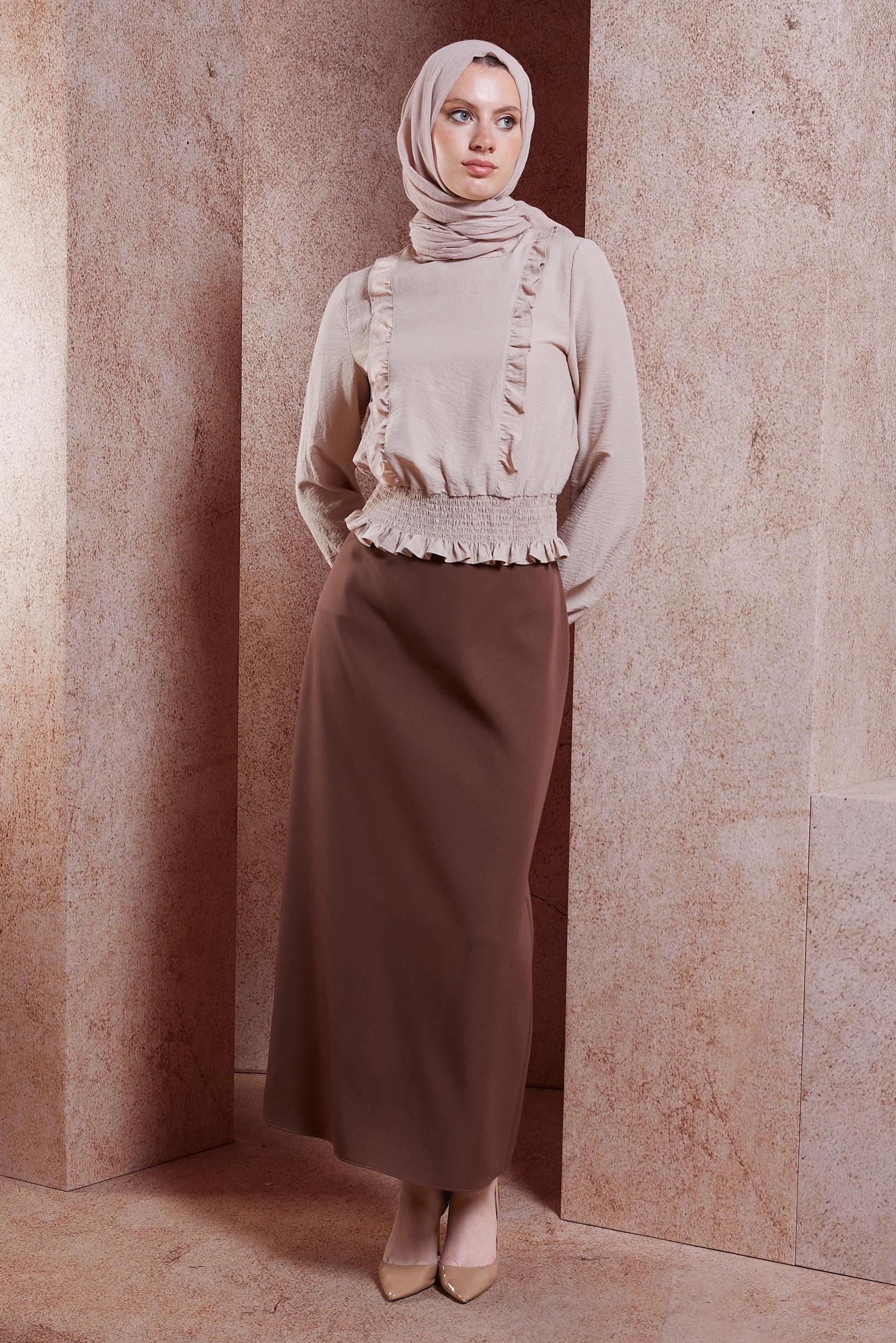 Tesettür giyim KAHVE DÜZ KESİM UZUN ETEK 60554