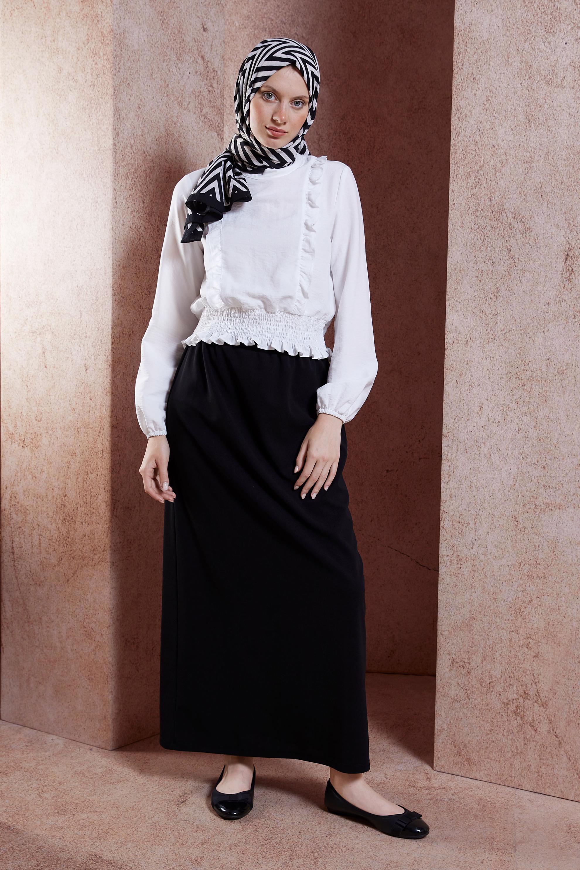 Tesettür giyim SİYAH BELİ LASTİKLİ ETEK 60555