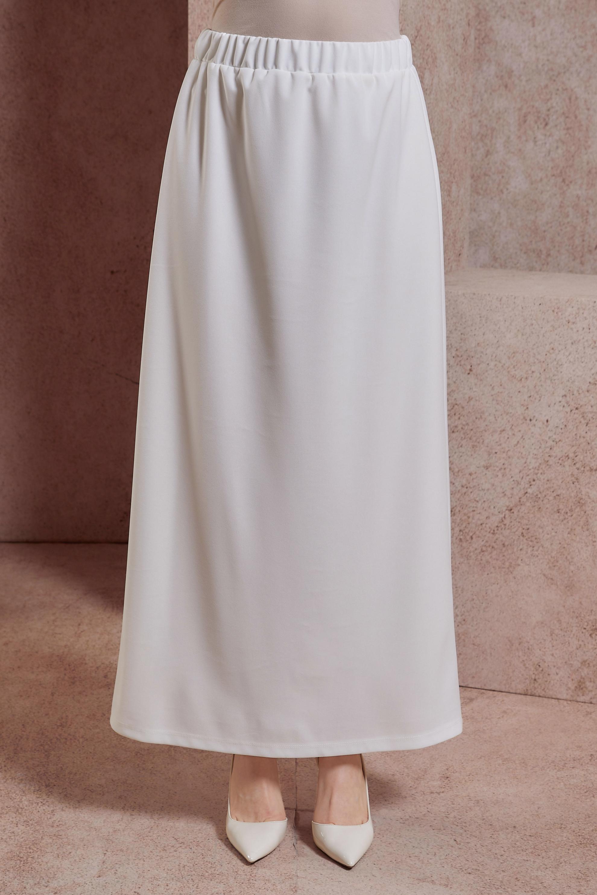 Tesettür giyim BEYAZ BELİ LASTİKLİ ETEK 60555