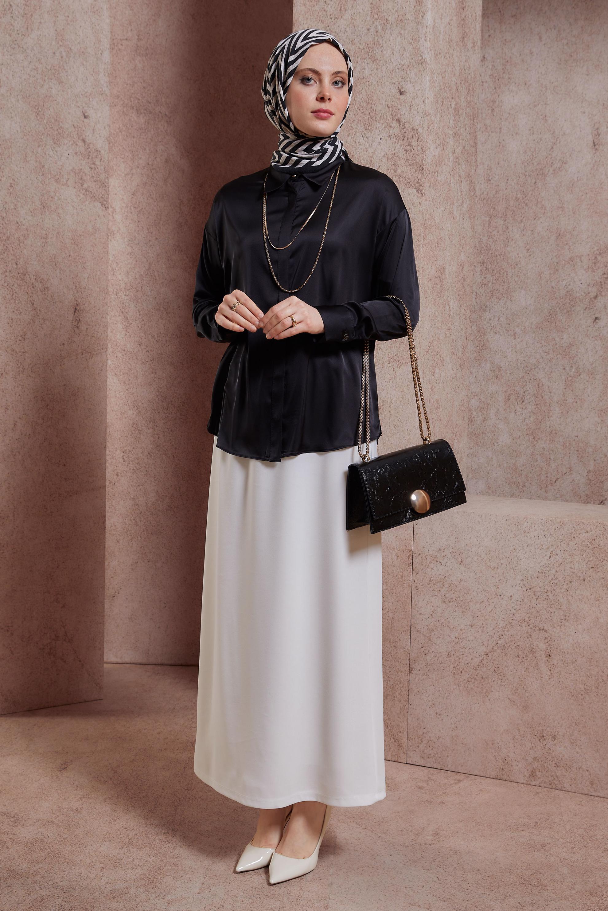 Tesettür giyim BEYAZ BELİ LASTİKLİ ETEK 60555