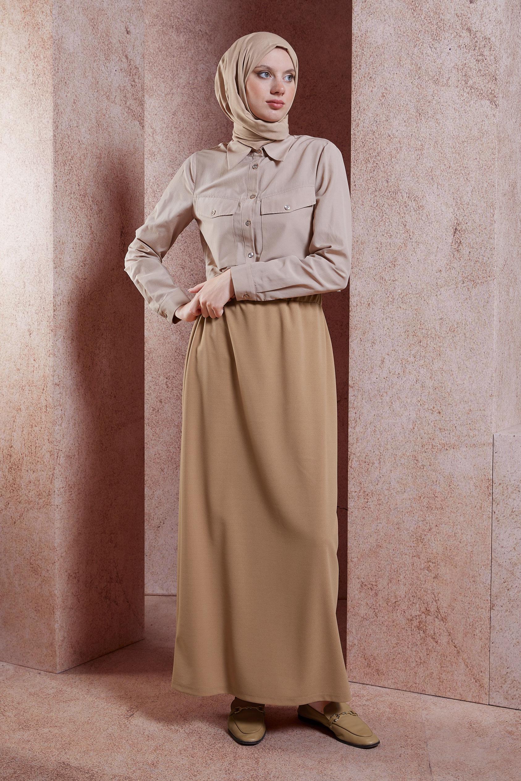 Tesettür giyim KAHVE BELİ LASTİKLİ ETEK 60555