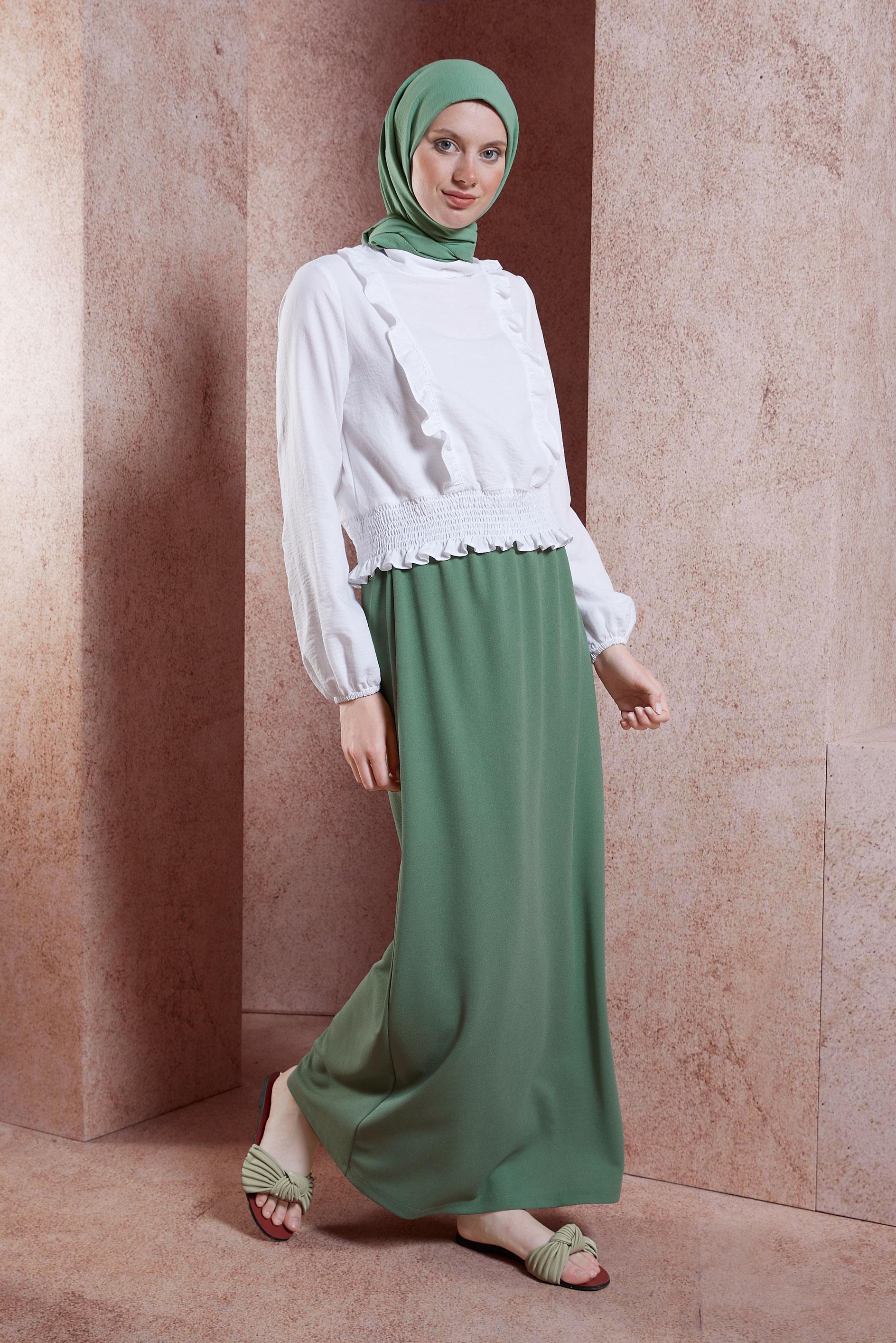 Tesettür giyim YEŞİL BELİ LASTİKLİ ETEK 60555