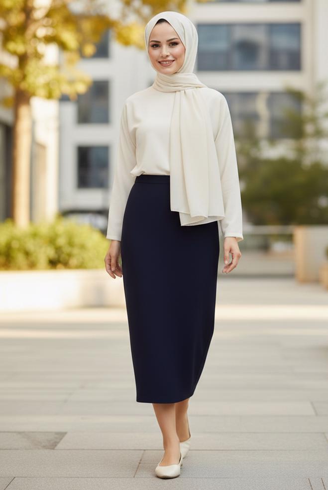 Hijab clothing NAVY BLUE STRAIGHT CUT PLUS SIZE SKIRT 60556 - ALVİNA