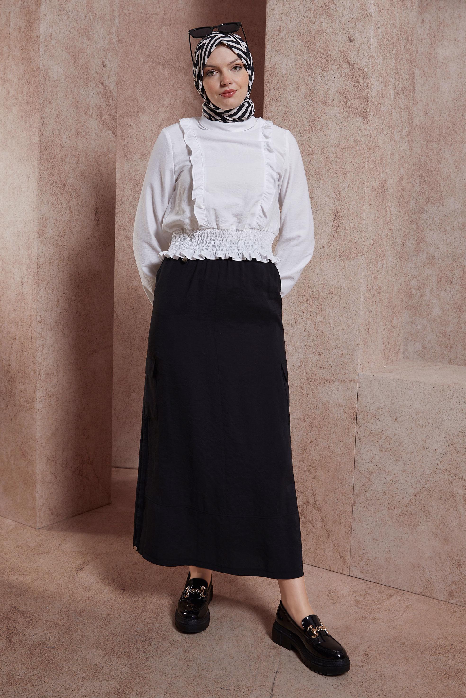 Tesettür giyim SİYAH KARGO CEPLİ ETEK 60557