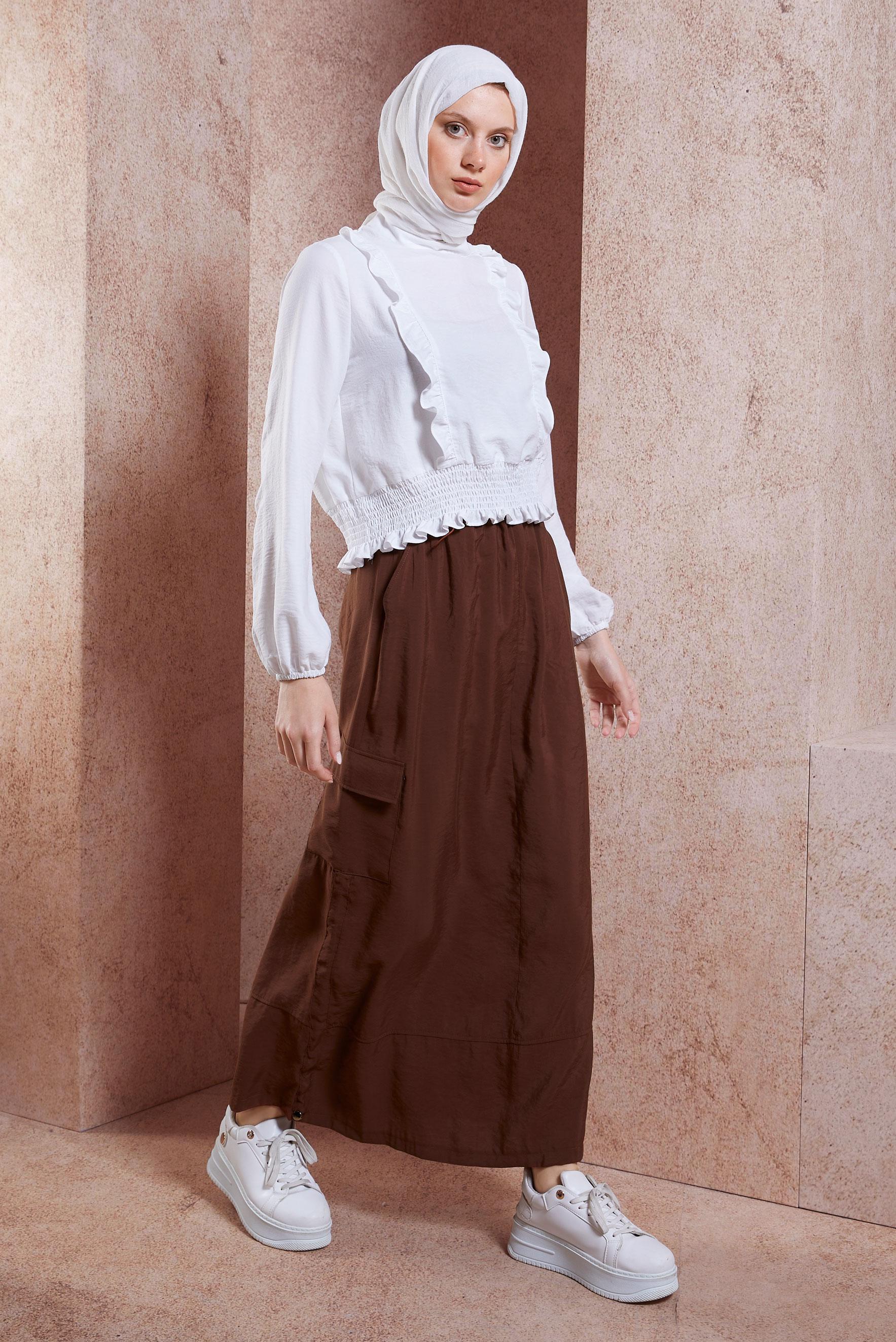 Tesettür giyim KAHVE KARGO CEPLİ ETEK 60557