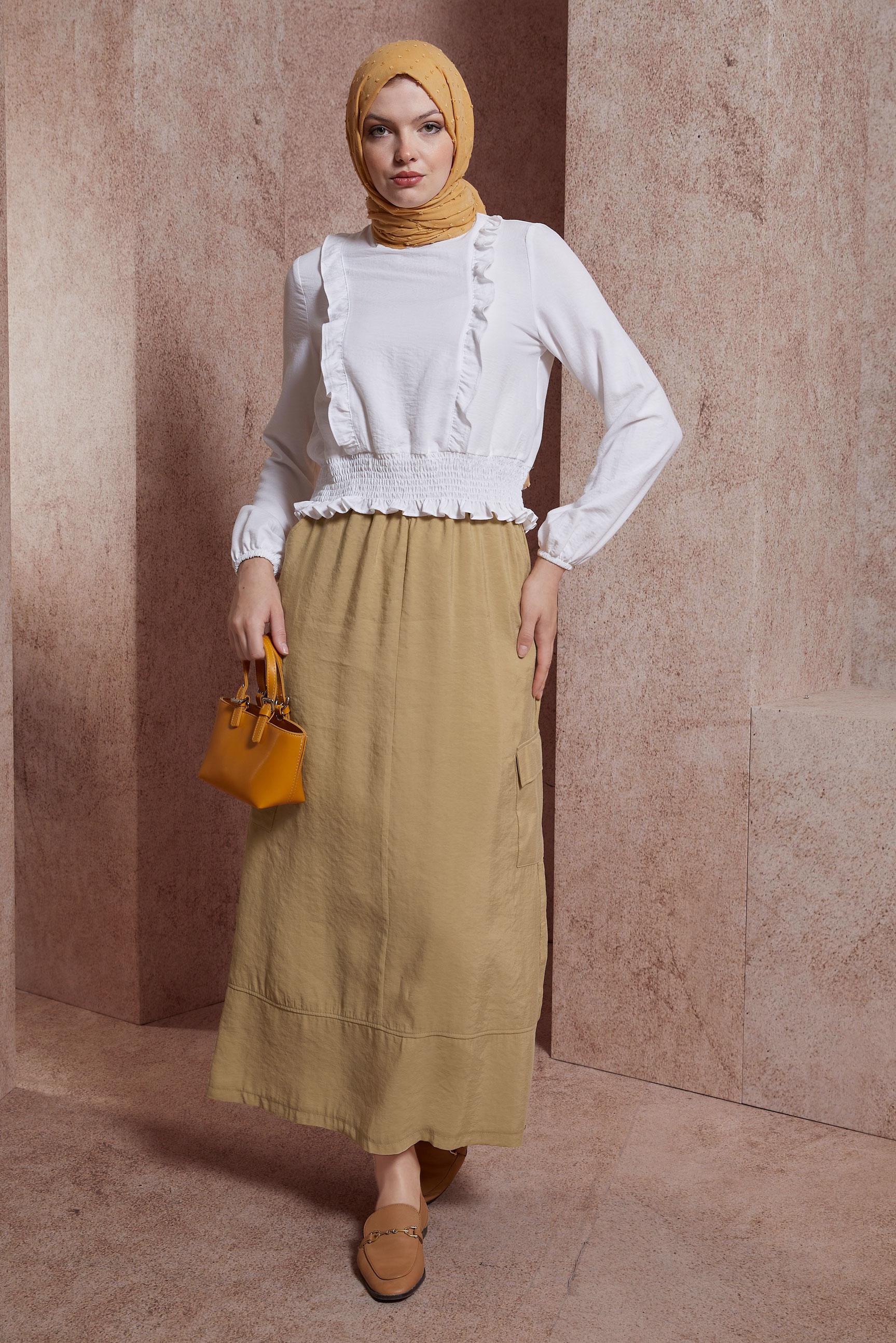 Tesettür giyim KAHVE KARGO CEPLİ ETEK 60557