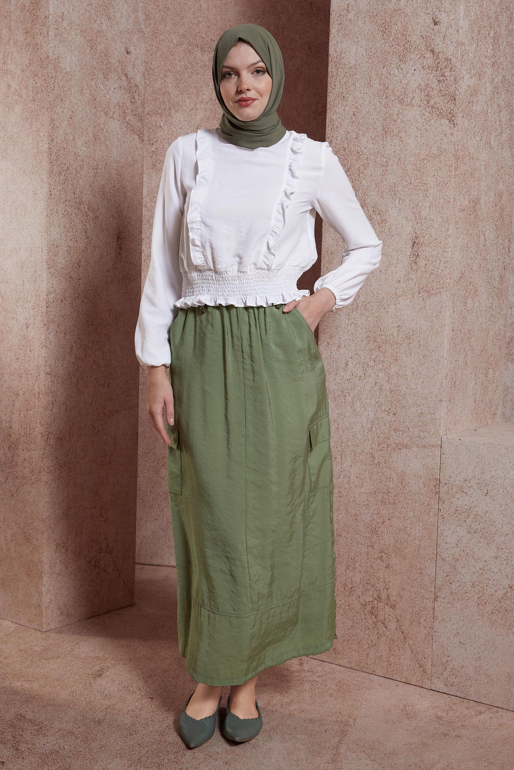 Tesettür giyim YEŞİL KARGO CEPLİ ETEK 60557
