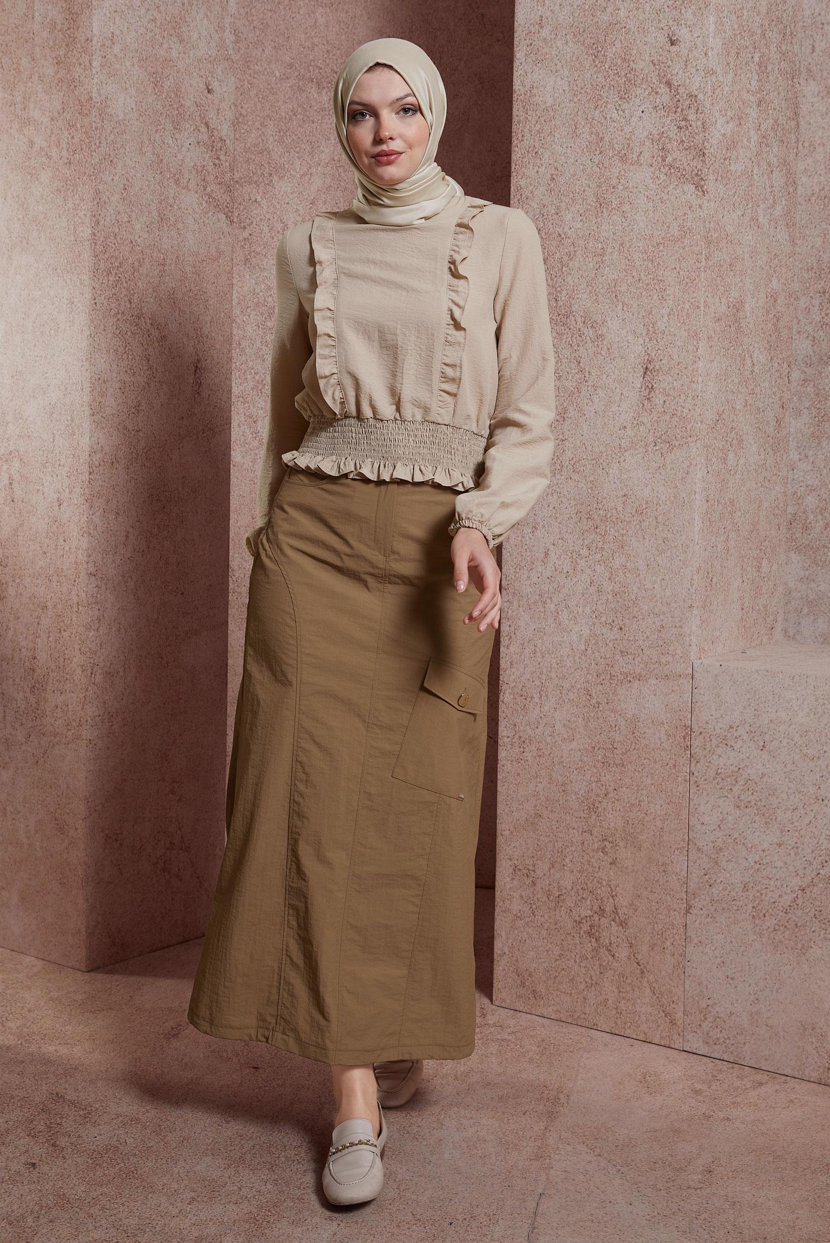 Tesettür giyim KAHVE PARAŞÜT KUMAŞ ETEK 60560