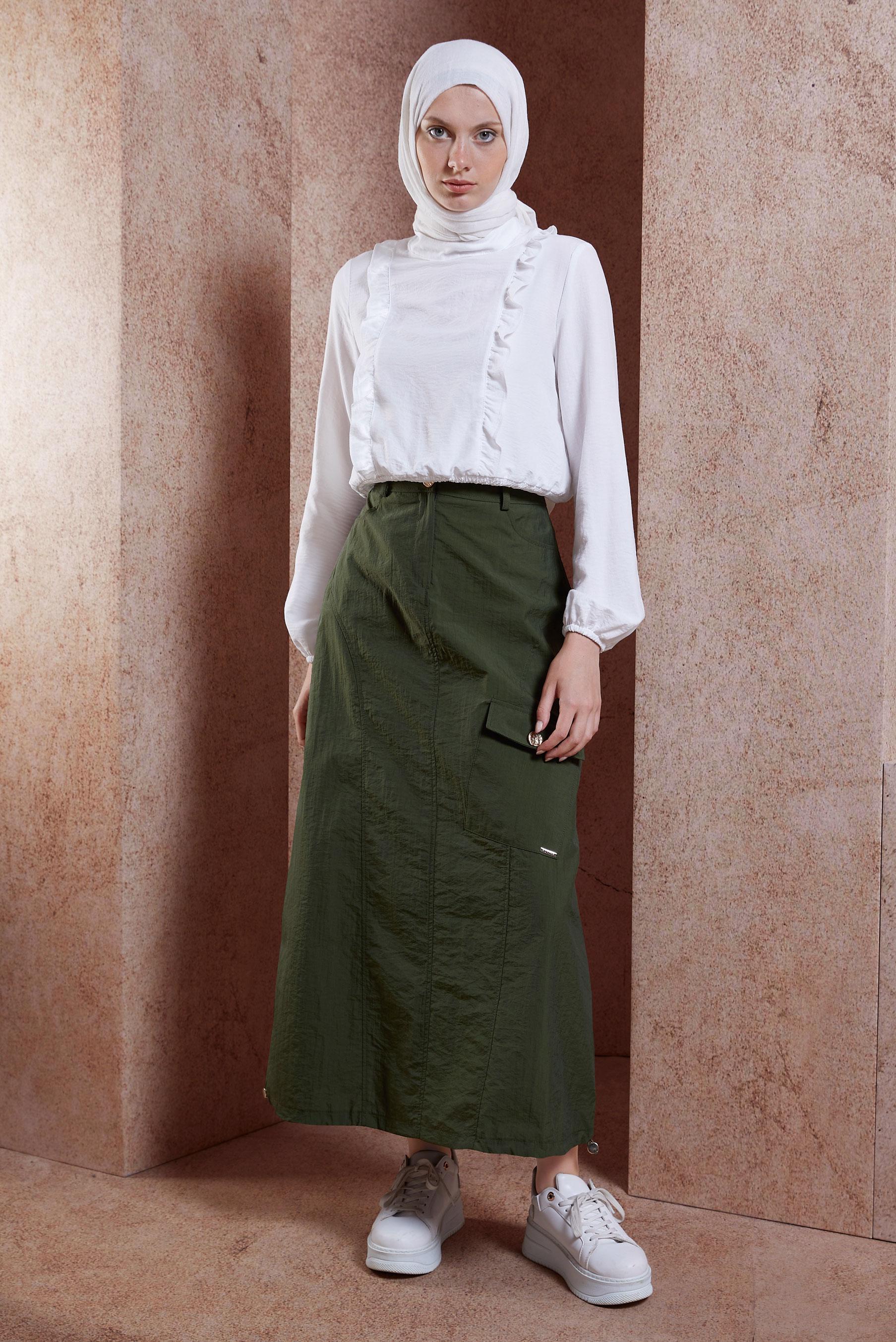 Tesettür giyim HAKİ PARAŞÜT KUMAŞ ETEK 60560