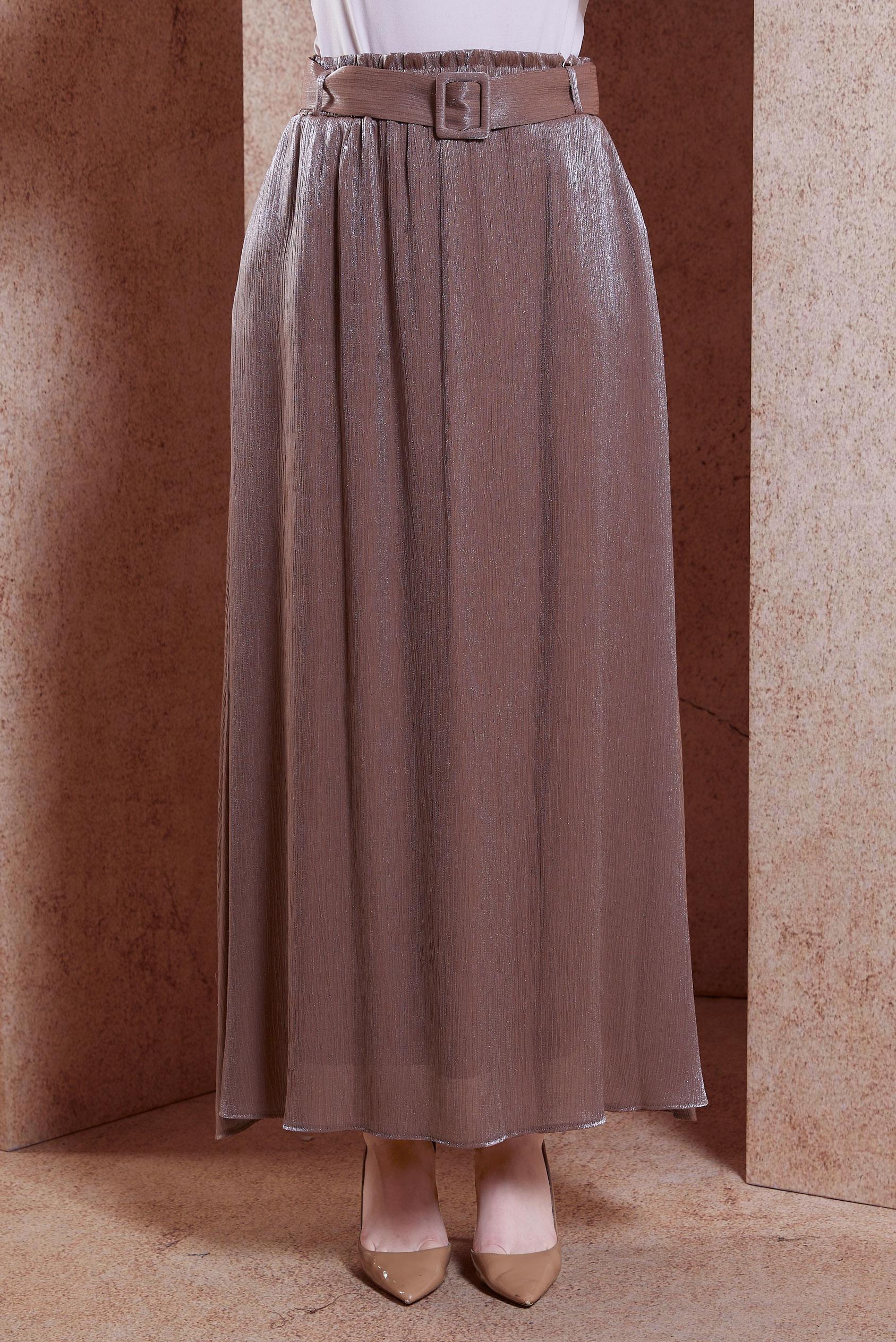 Tesettür giyim KAHVE KEMERLİ BÜRÜMCÜK ETEK 60564